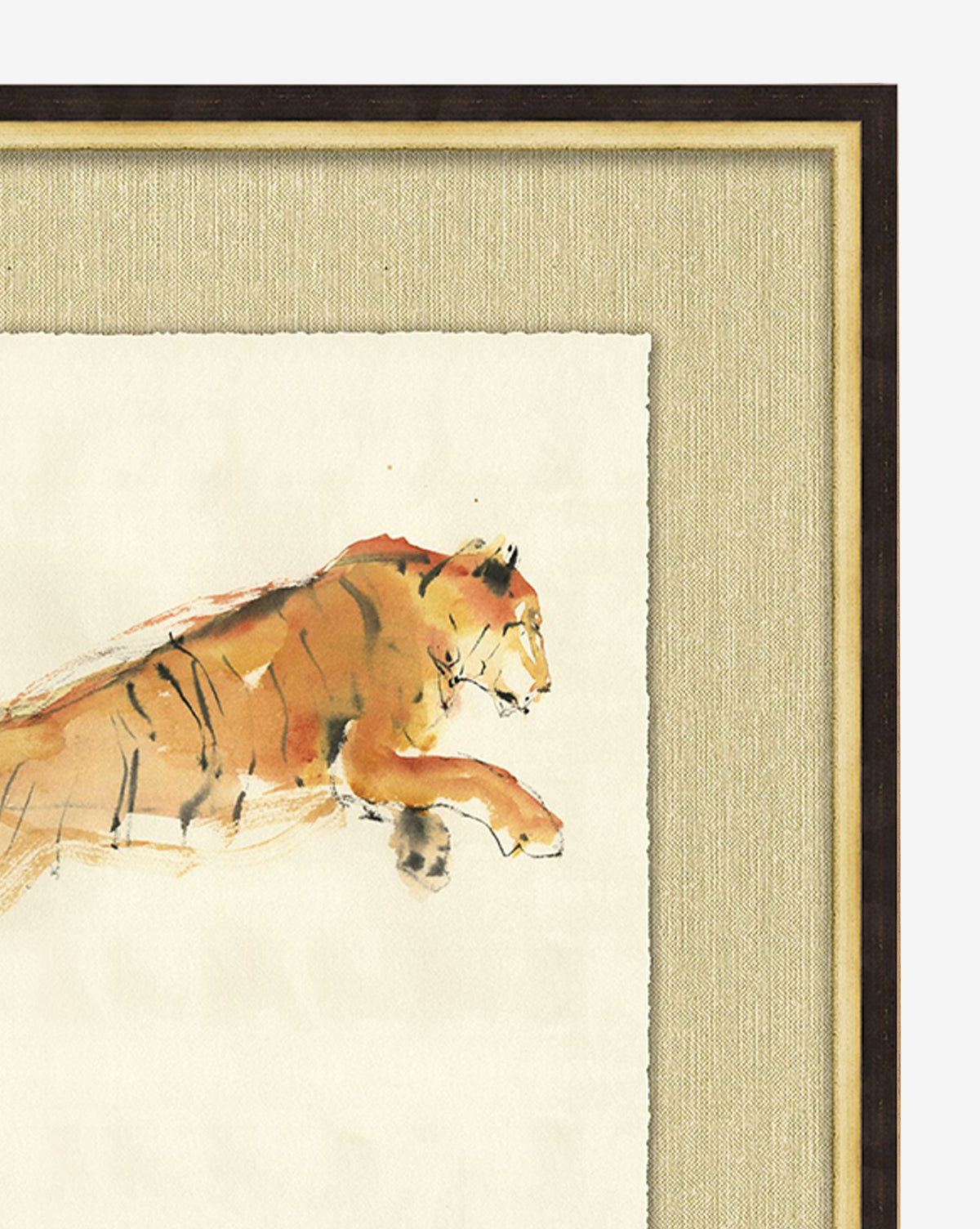 Pouncing Tiger is a framed wall art featuring a watercolor tiger in profile with loose brushstrokes and minimal detail. Its soft orange and black tones on a textured background make it ideal for childrens room decor.