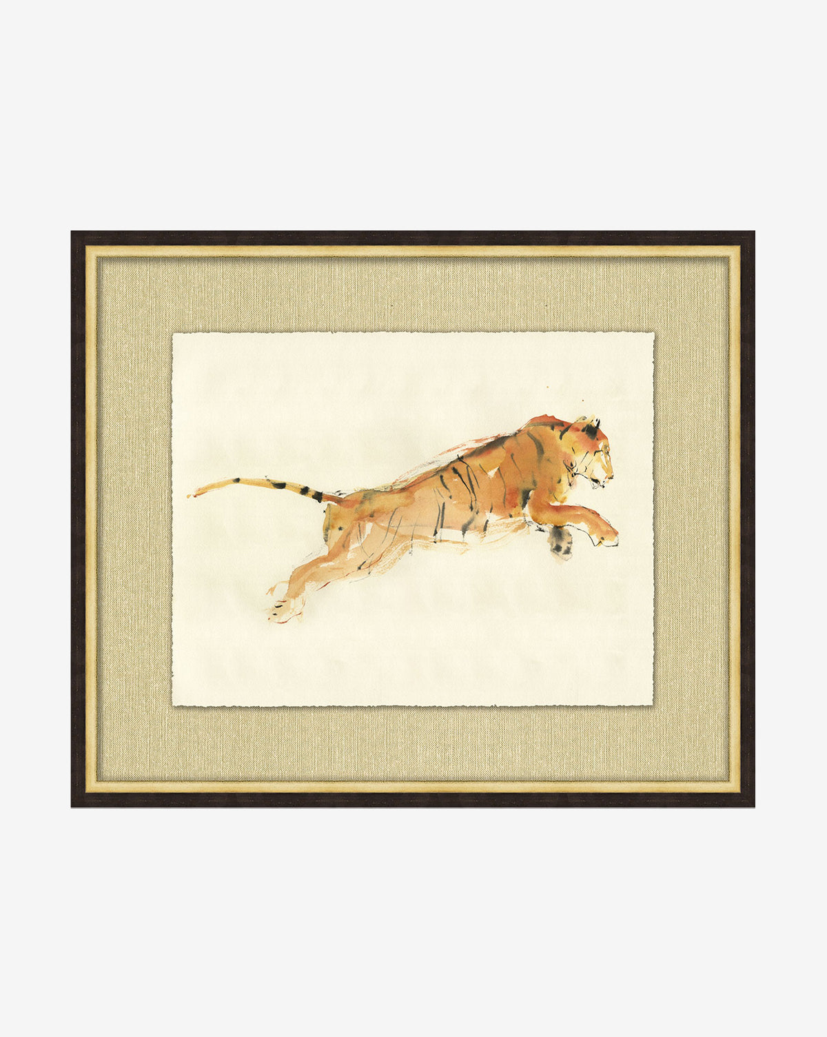 Pouncing Tiger is a framed wall art featuring a watercolor tiger mid-leap, rendered with loose brushstrokes on a light background, finished with a textured beige mat and dark wooden frame—ideal for childrens room decor.