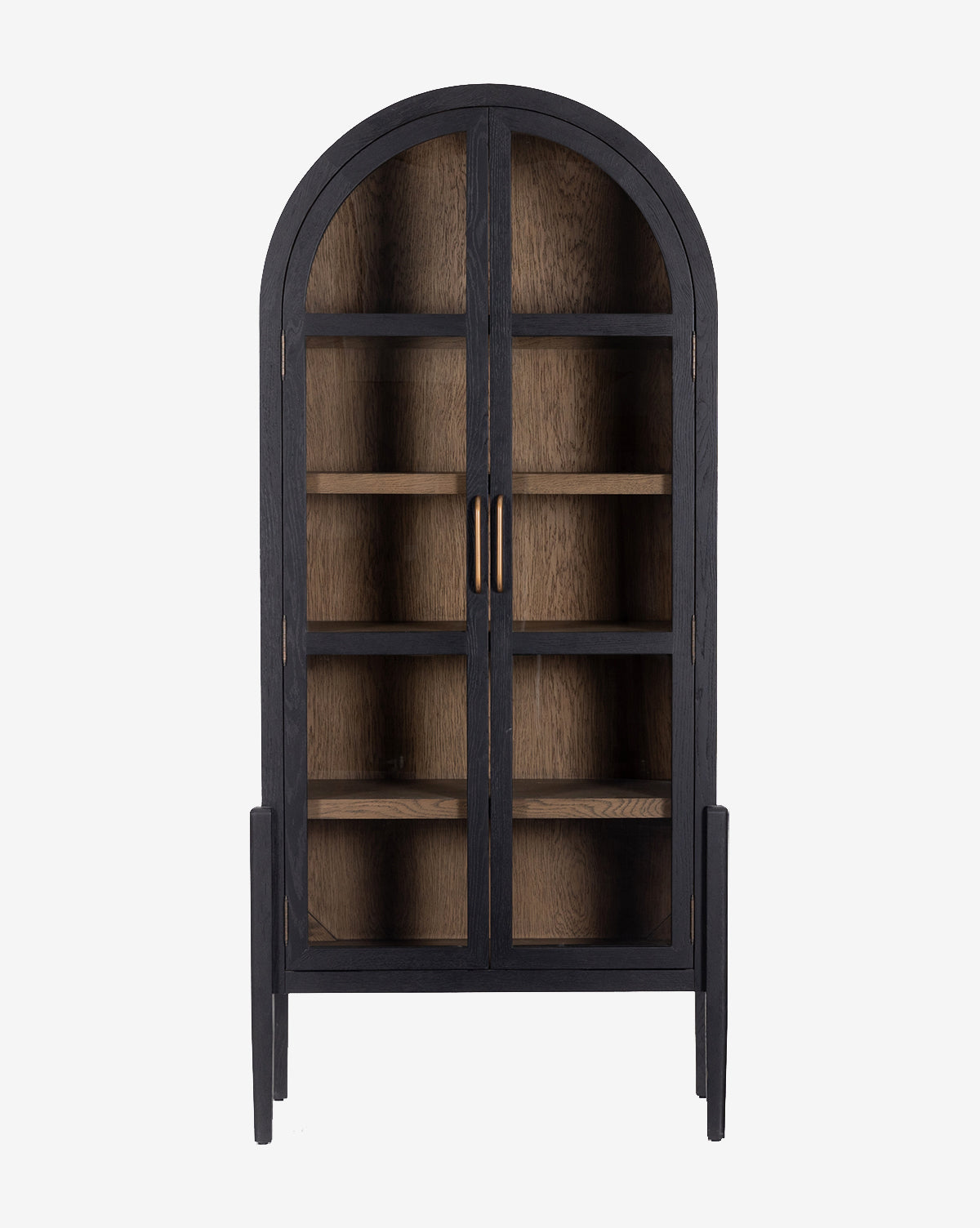 The Providence Cabinet features a tall, arched black glass front with double doors and two handles. Inside, three shelves and a natural wood interior complement its modern, minimalist design, by McGee & Co.