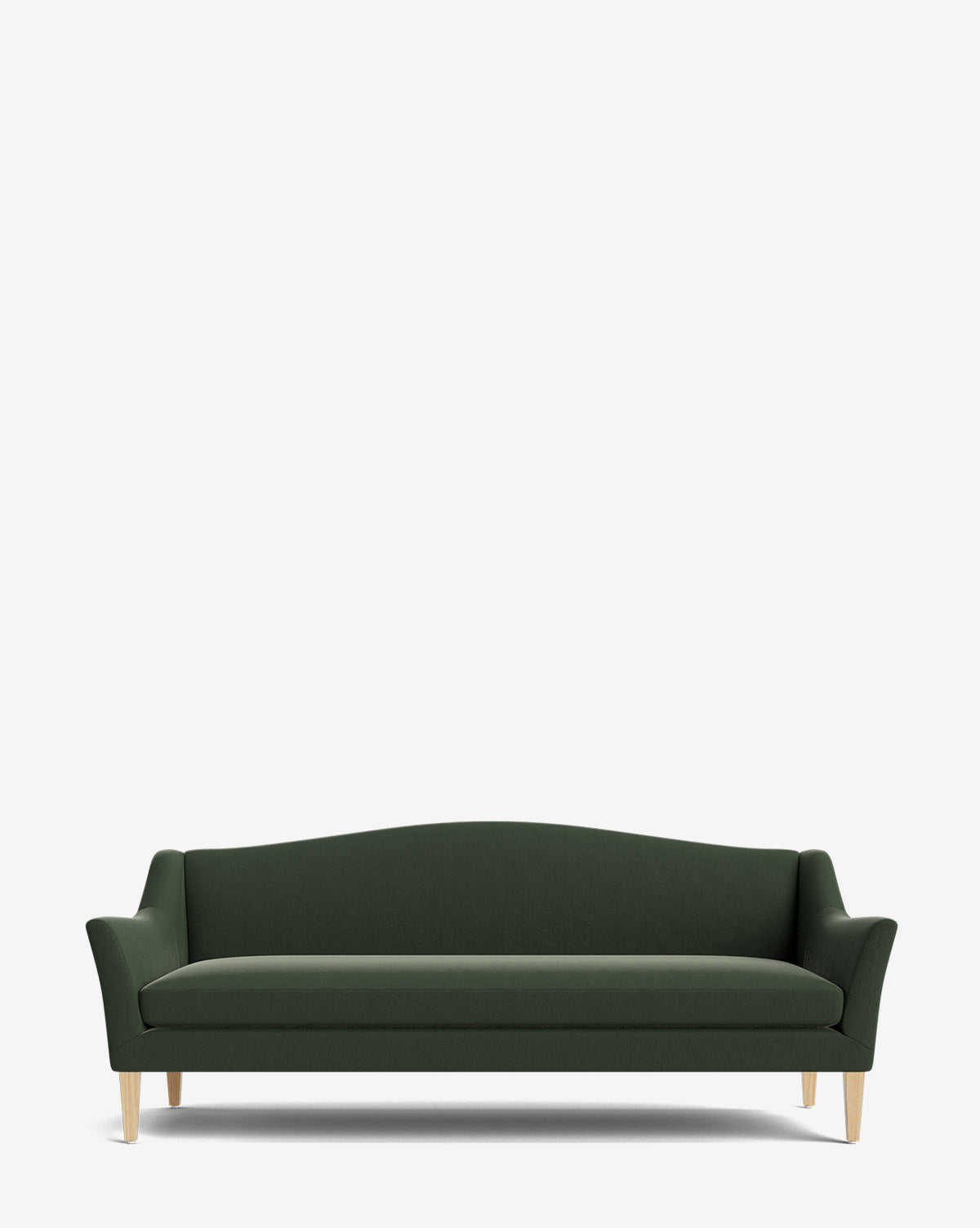 The Prudence Sofa 78 showcases a dark green upholstered finish, classic silhouette, curved backrest, angled armrests, and light wooden legs—all crafted from premium fabric and photographed against a plain white background, by McGee & Co.