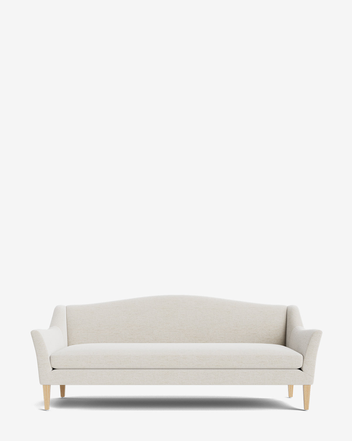 The Prudence Sofa 78 features a modern light beige design with a classic silhouette, gently curved backrest, angled arms, and wooden legs, crafted from high-quality fabric and shown against a plain white background by McGee & Co.