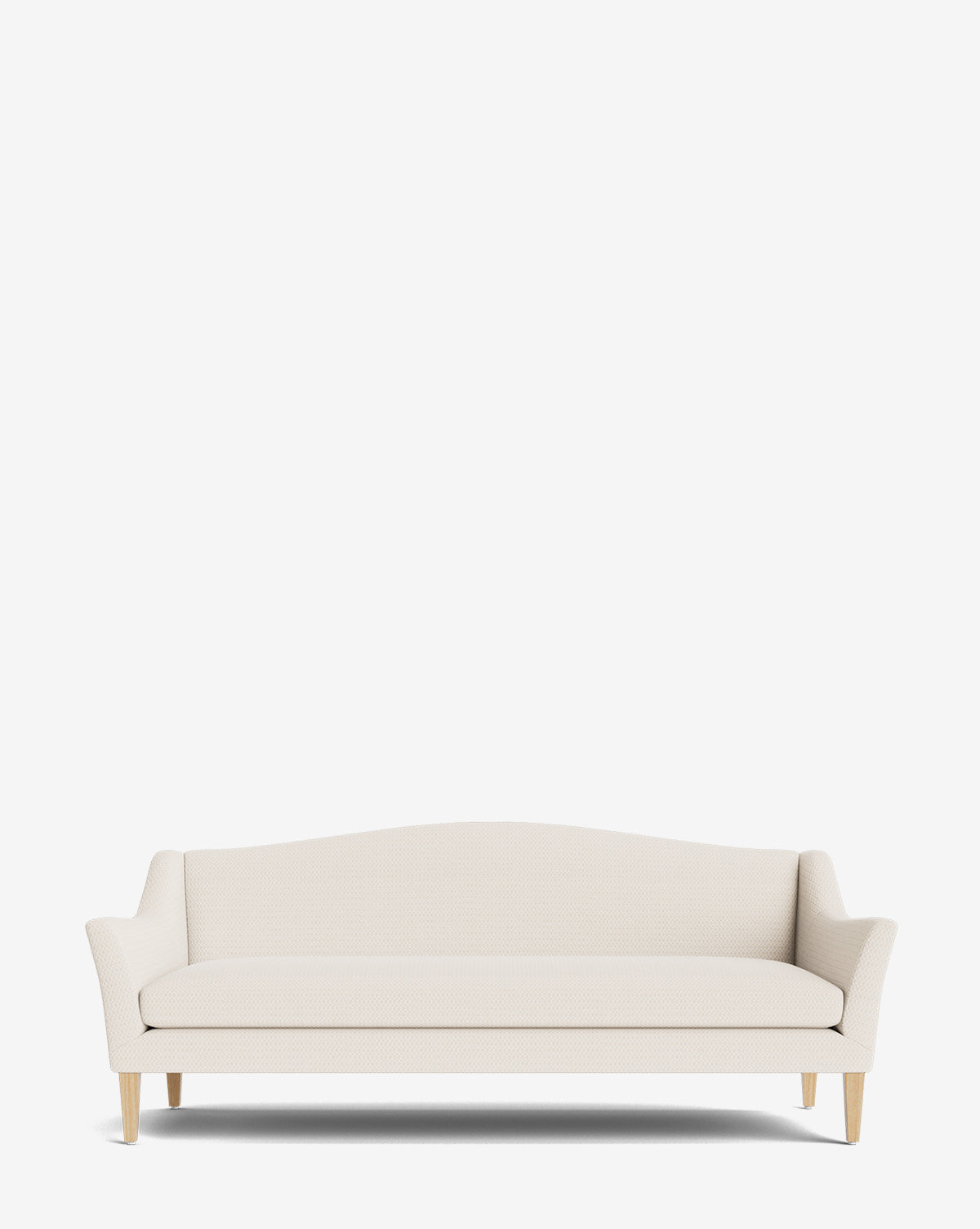The Prudence Sofa 78 is centered on a white background, featuring high-quality upholstery, wooden legs, a slightly curved backrest, and angled armrests for a modern yet minimalist look, by McGee & Co.