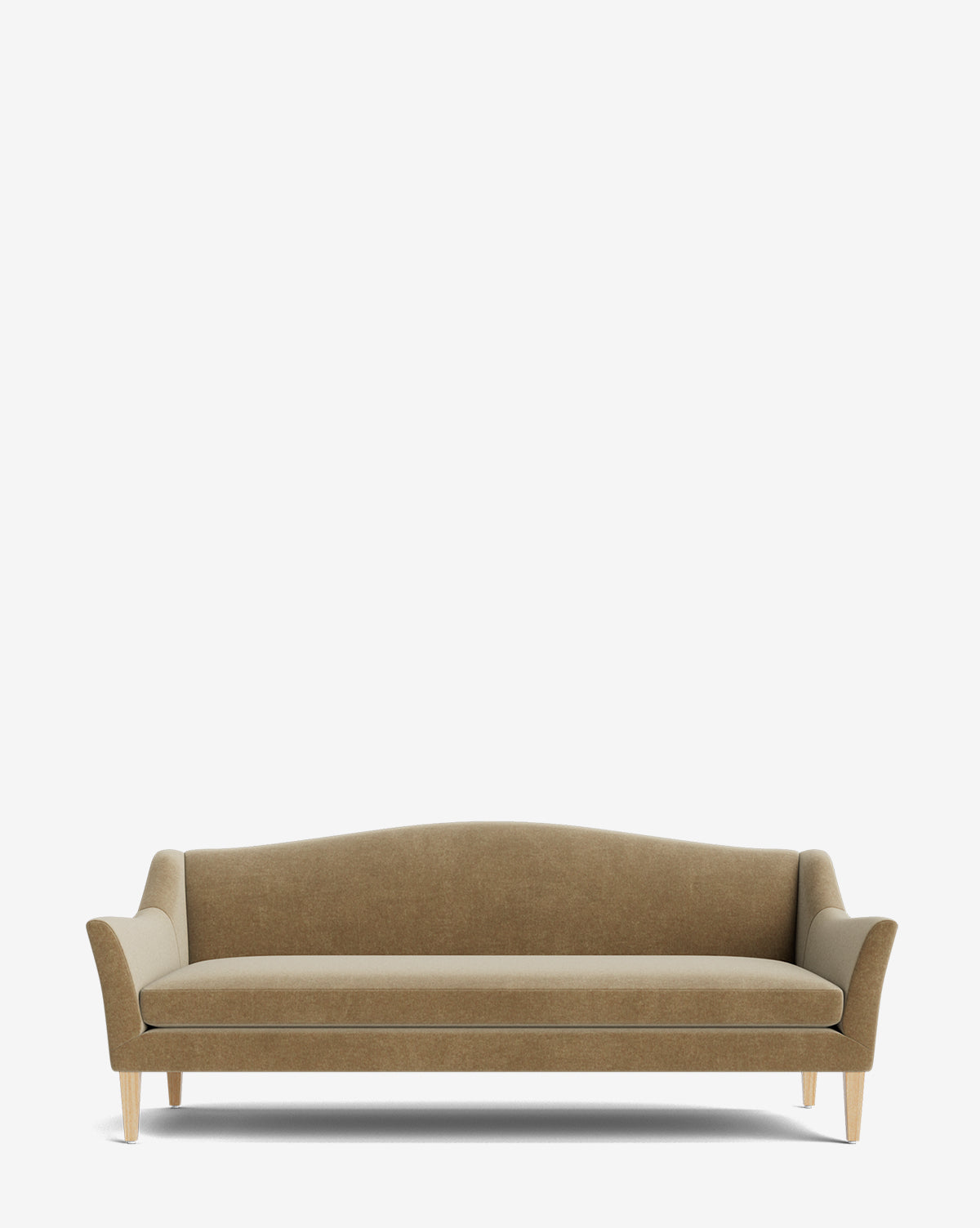 A brown upholstered Prudence Sofa 78 with a classic silhouette, crafted from high-quality fabric, features wooden legs and gently curved armrests, displayed against a plain white background by McGee & Co.