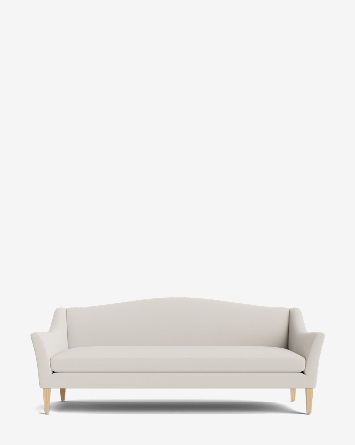 The Prudence Sofa 78 boasts a modern light gray design with a classic silhouette, high-quality fabric, simple lines, a gently curved backrest, and light wooden legs, all beautifully set against a plain white background, by McGee & Co.
