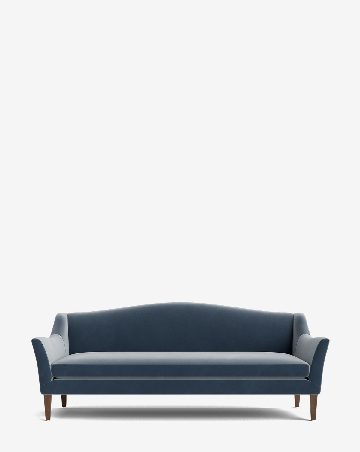 The Prudence Sofa 78 is a modern blue velvet sofa with a classic silhouette, curved arms and backrest, wooden legs, and clean lines, crafted from premium fabric and shown on a plain white background, by McGee & Co.