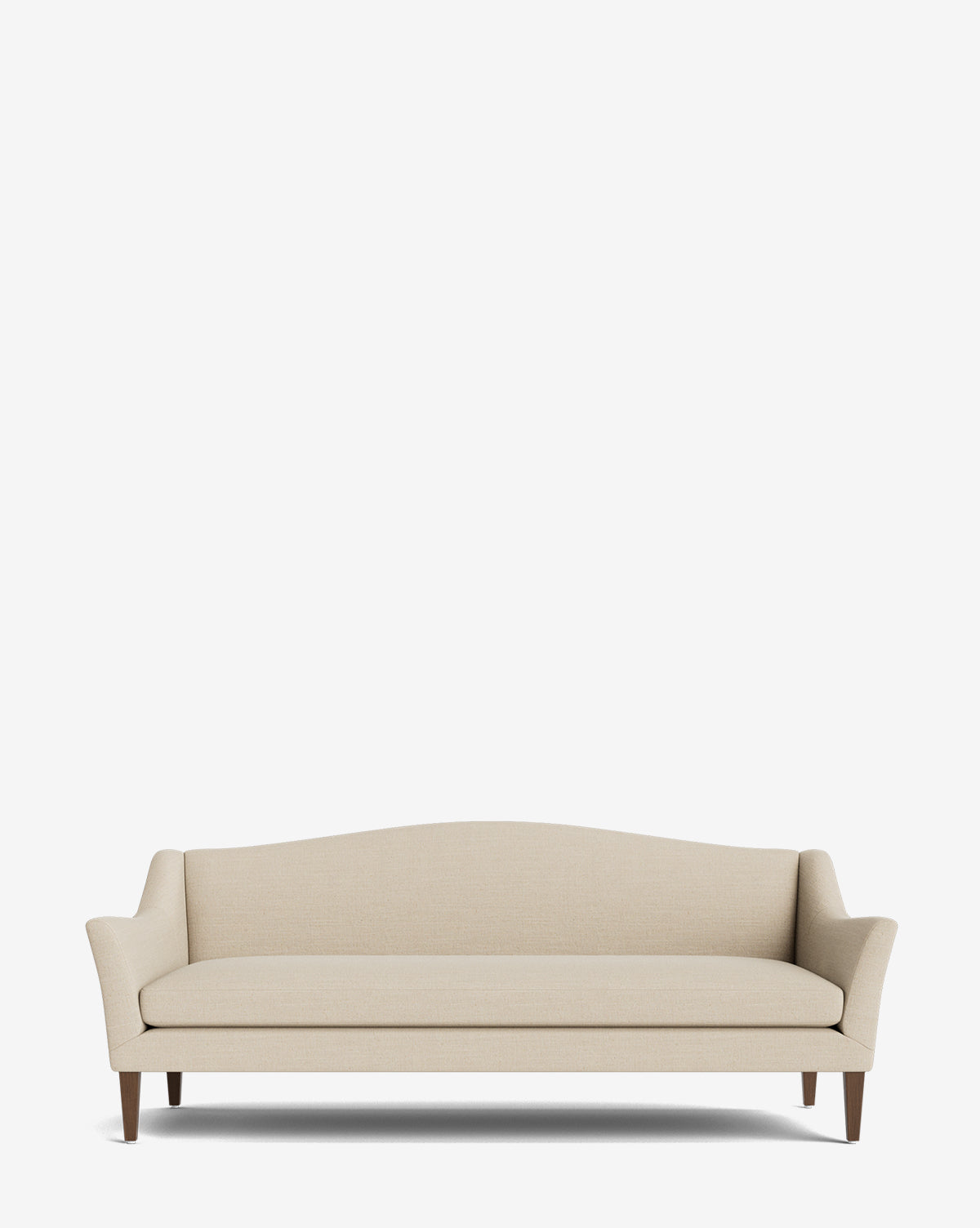 The Prudence Sofa 78 showcases a beige upholstered design with premium fabric, a curved backrest, angled armrests, and wooden legs, all presented against a plain white background by McGee & Co.