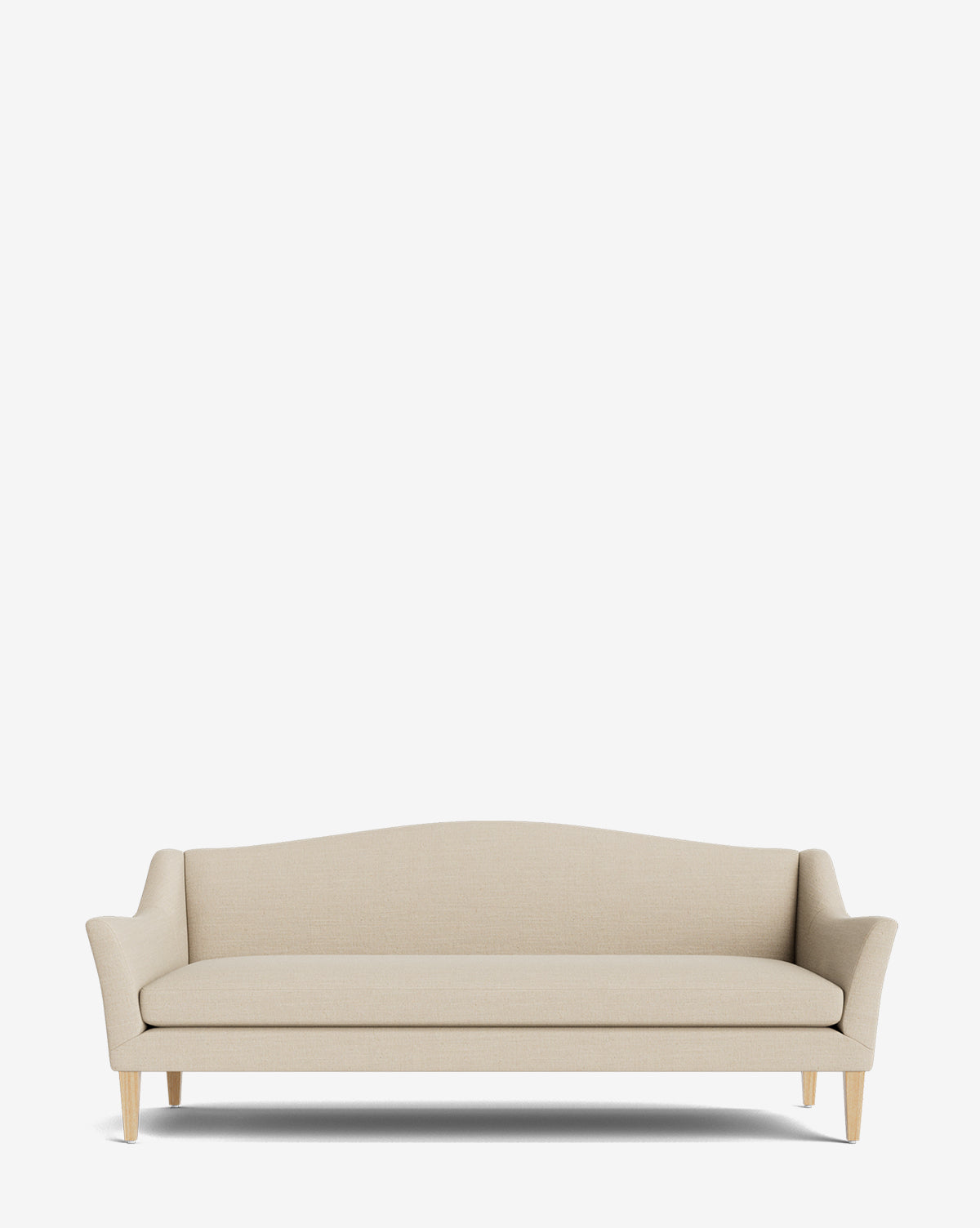 The Prudence Sofa 78 showcases a classic silhouette with high-quality beige upholstery, wooden legs, and curved armrests, all set against a plain white background by McGee & Co.