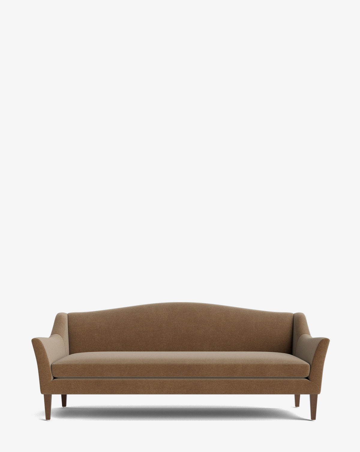 A brown Prudence Sofa 78 with a classic silhouette, slightly curved backrest and armrests, wooden legs, and high-quality minimalist fabric sits against a plain white background, by McGee & Co.