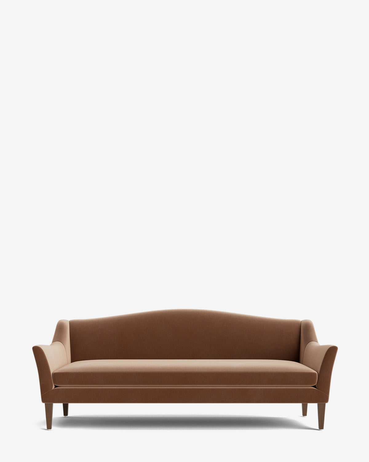 The Prudence Sofa 78 showcases premium fabrics, a slightly curved backrest and arms, wooden legs, and a modern minimalist design. This classic silhouette piece is photographed against a plain white background by McGee & Co.