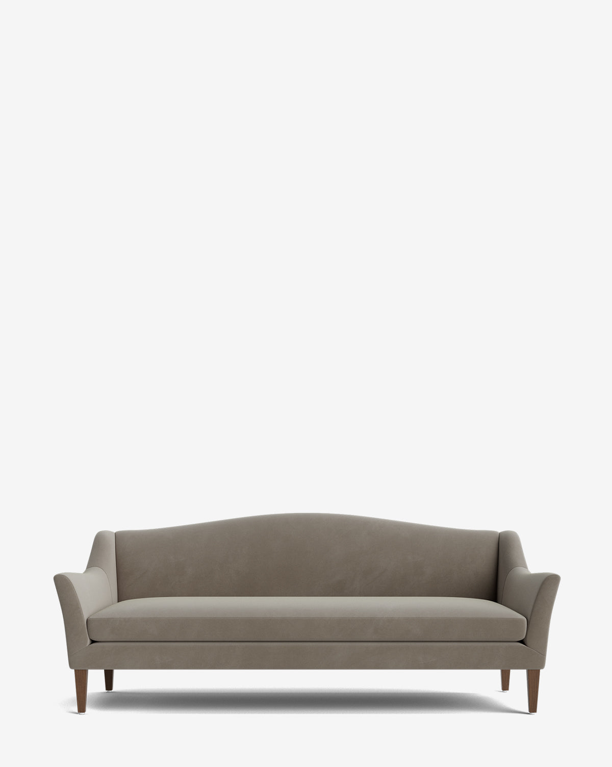 The Prudence Sofa 78 showcases a classic silhouette with a gently curved back, flared arms, and wooden legs. Its upholstered in premium fabrics and is displayed against a plain white background by McGee & Co.
