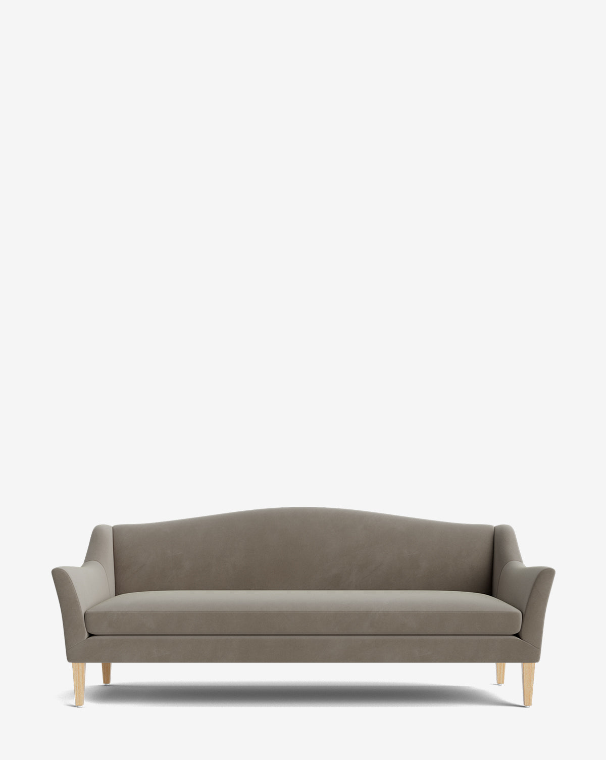 The Prudence Sofa 78 features a modern, minimalist gray design with a classic silhouette, slightly flared arms, curved backrest, and light wooden legs, by McGee & Co. Crafted from high-quality fabrics, it is displayed against a plain white background.