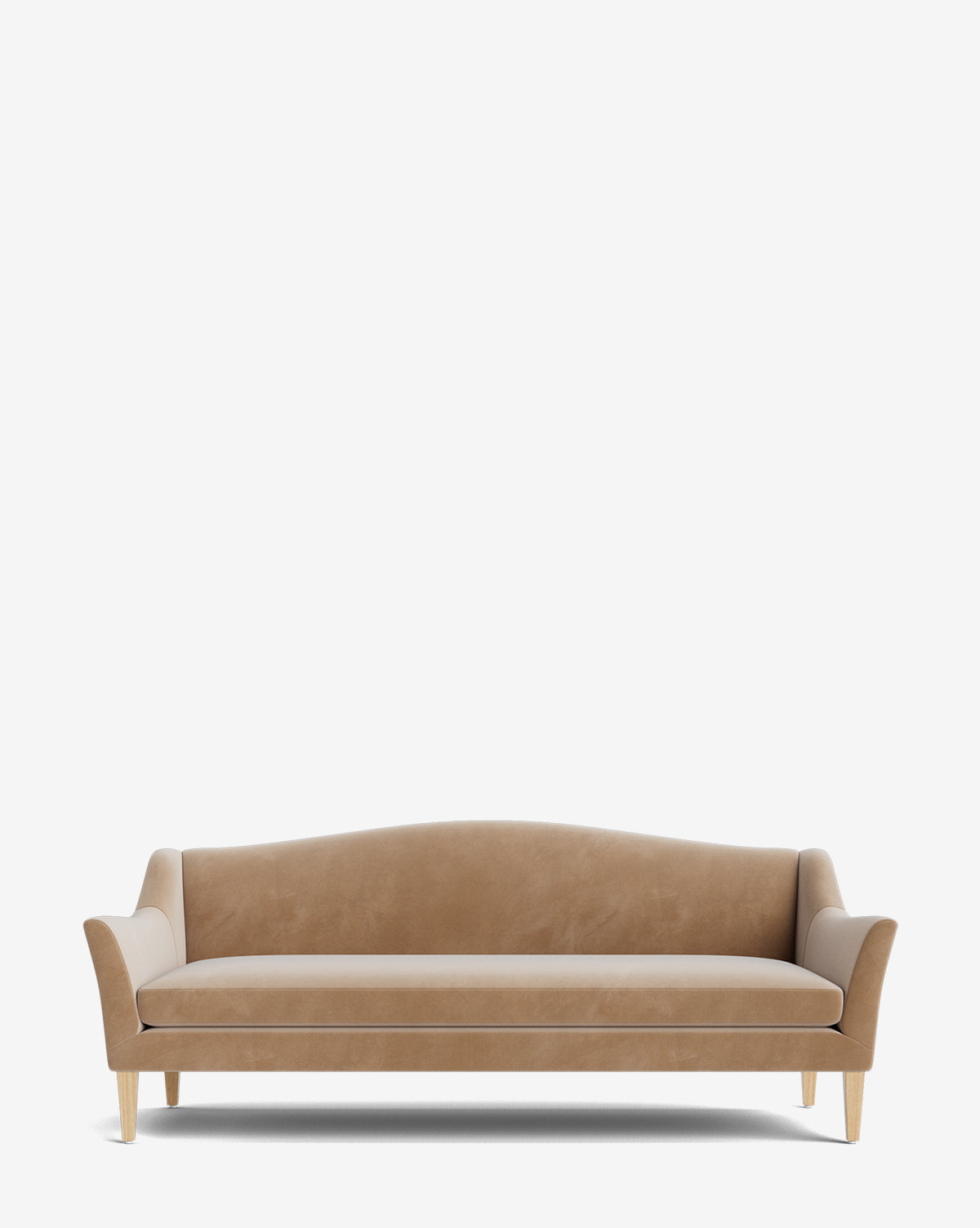 A modern Prudence Sofa 78 in light brown, featuring slightly flared arms, wooden legs, and high-quality fabric upholstery, set against a plain white background by McGee & Co.