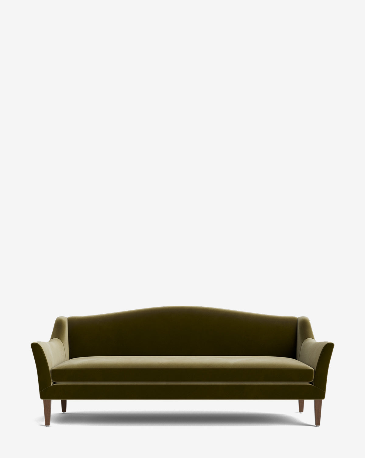 The Prudence Sofa 78 showcases an olive green velvet finish, curved backrest, angled armrests, and dark wooden legs—all in a timeless design set against a plain white background, by McGee & Co.
