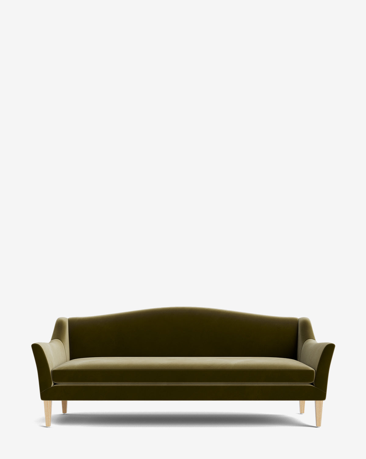 The Prudence Sofa 78 features modern olive green velvet, wooden legs, a gently curved backrest, and slightly flared armrests for a classic silhouette—all set against a plain white background by McGee & Co.