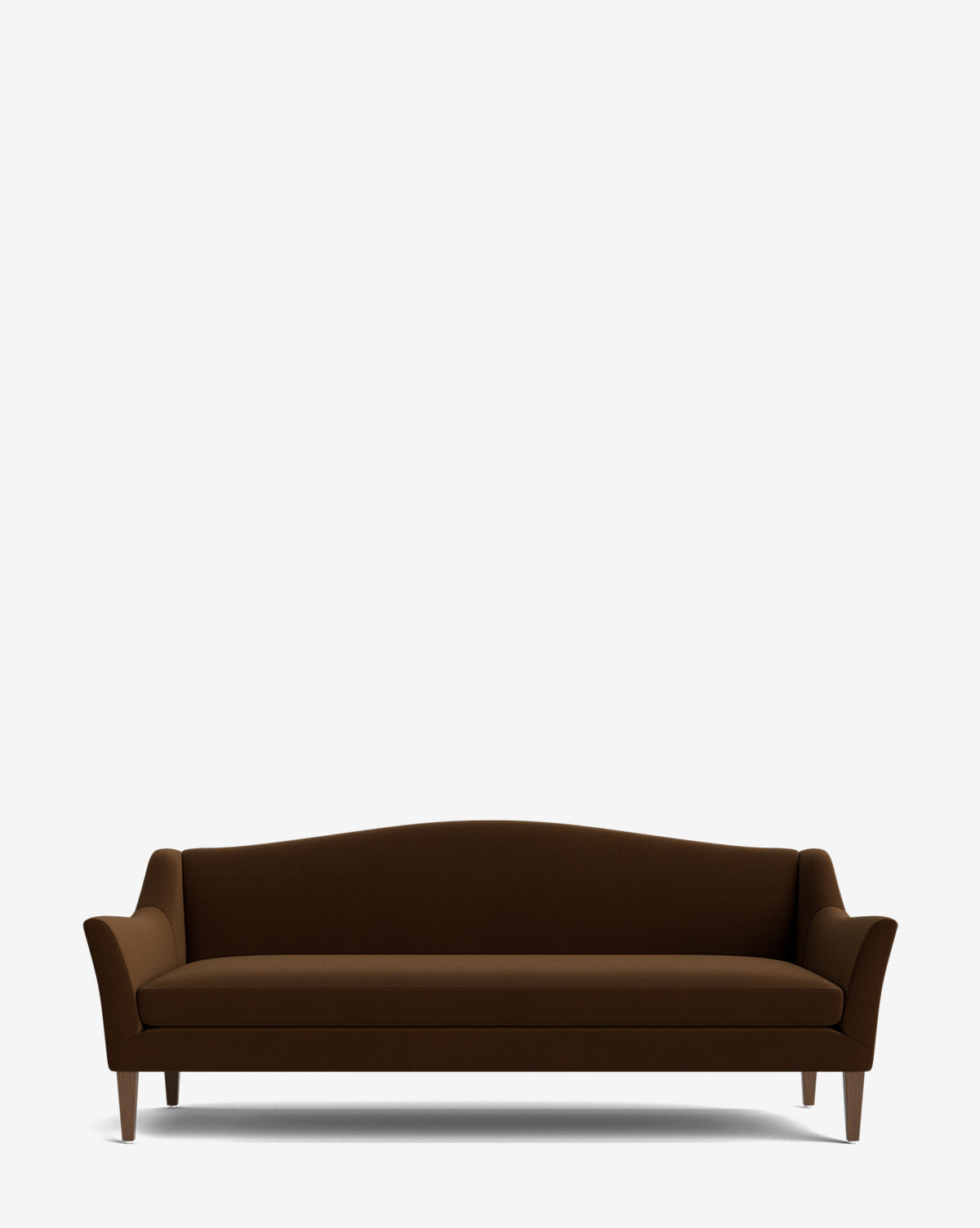 The Prudence Sofa 78 is a dark brown, three-seater with wooden legs and gently curved armrests and backrest, shown against a plain white background by McGee & Co.