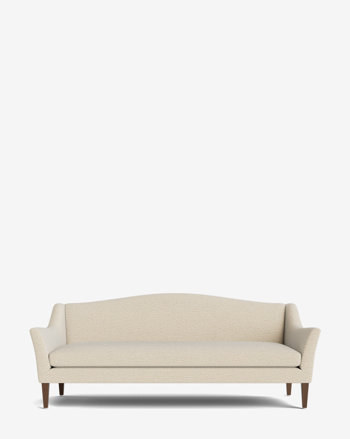 The Prudence Sofa 78 showcases a classic silhouette with beige upholstery, a slightly curved backrest, slim armrests, and dark wooden legs—all crafted from quality fabric and shown against a plain white background, by McGee & Co.