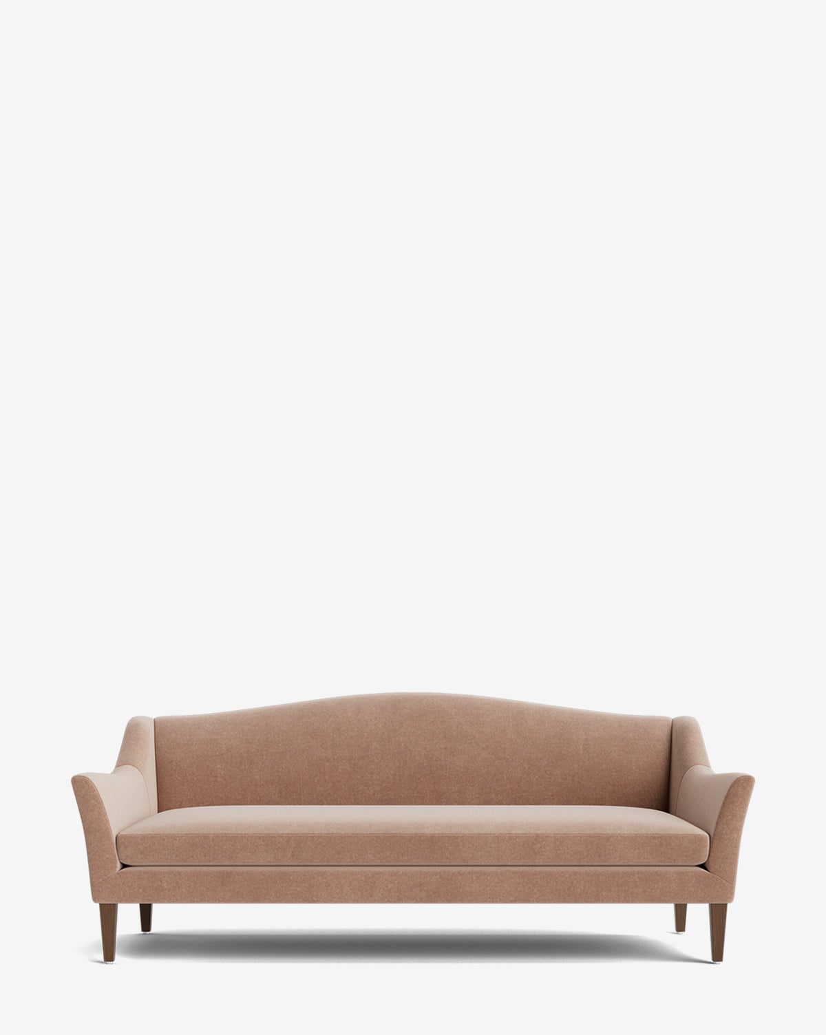 The Prudence Sofa 78 showcases high-quality light brown upholstery, wooden legs, a subtly curved backrest, and gently flared arms, all set against a plain white background, by McGee & Co.