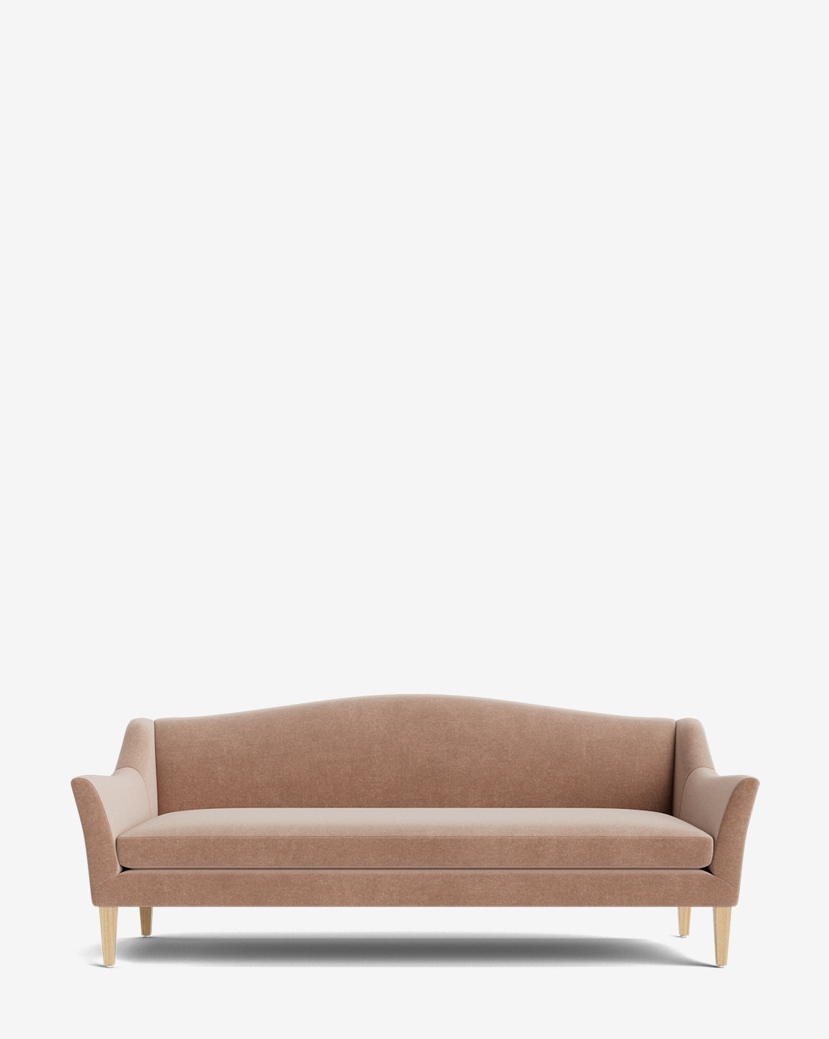 The Prudence Sofa 78 features a classic silhouette with slightly curved arms and backrest, upholstered in high-quality light brown fabric, supported by four light wooden legs, and set against a plain white background by McGee & Co.
