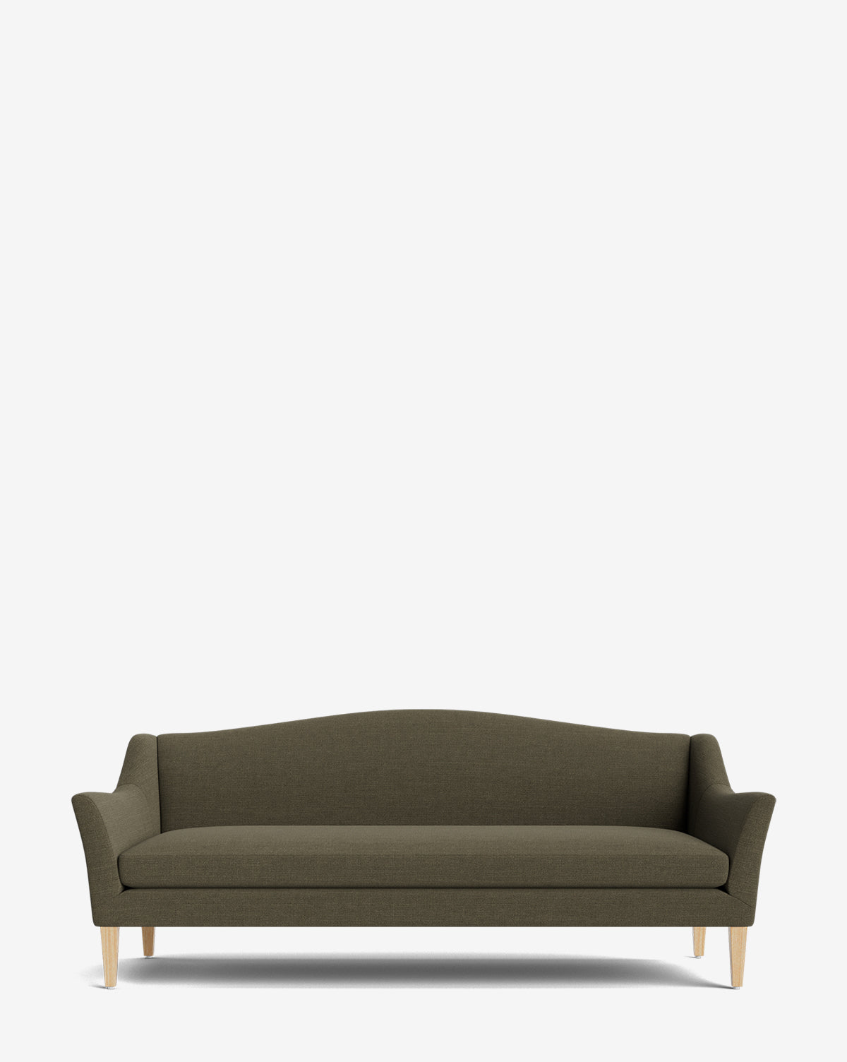 The Prudence Sofa 78 is a modern olive green upholstered piece with wooden legs and flared arms, made from high-quality fabric and shown against a plain white background, by McGee & Co.