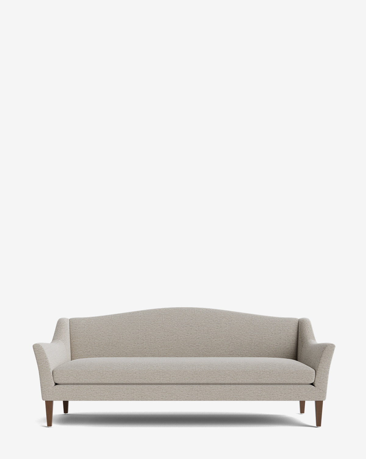The Prudence Sofa 78 is a modern, light gray upholstered sofa crafted from high-quality fabrics, featuring a gently curved backrest, slim armrests, and tapered wooden legs against a plain white background by McGee & Co.