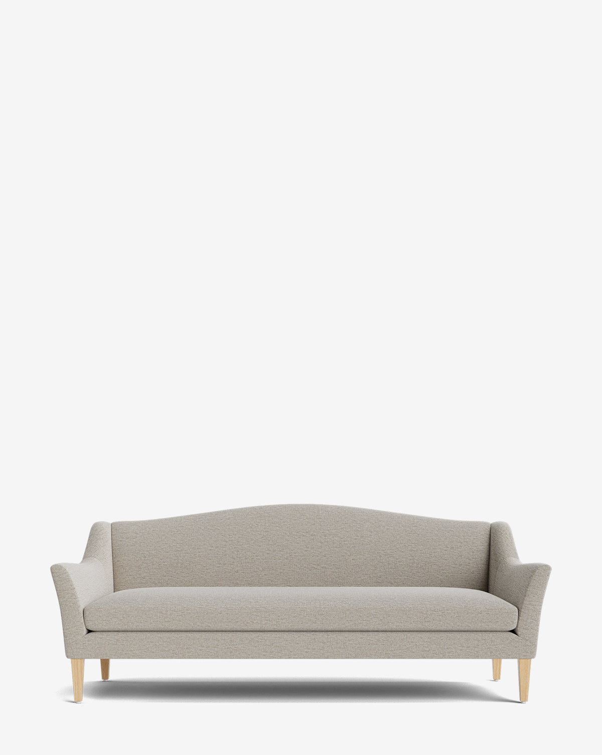 The Prudence Sofa 78 features a modern, light gray design with a curved backrest and wooden legs. Crafted from high-quality fabrics for lasting comfort, it offers minimalist style and is showcased against a plain white background by McGee & Co.