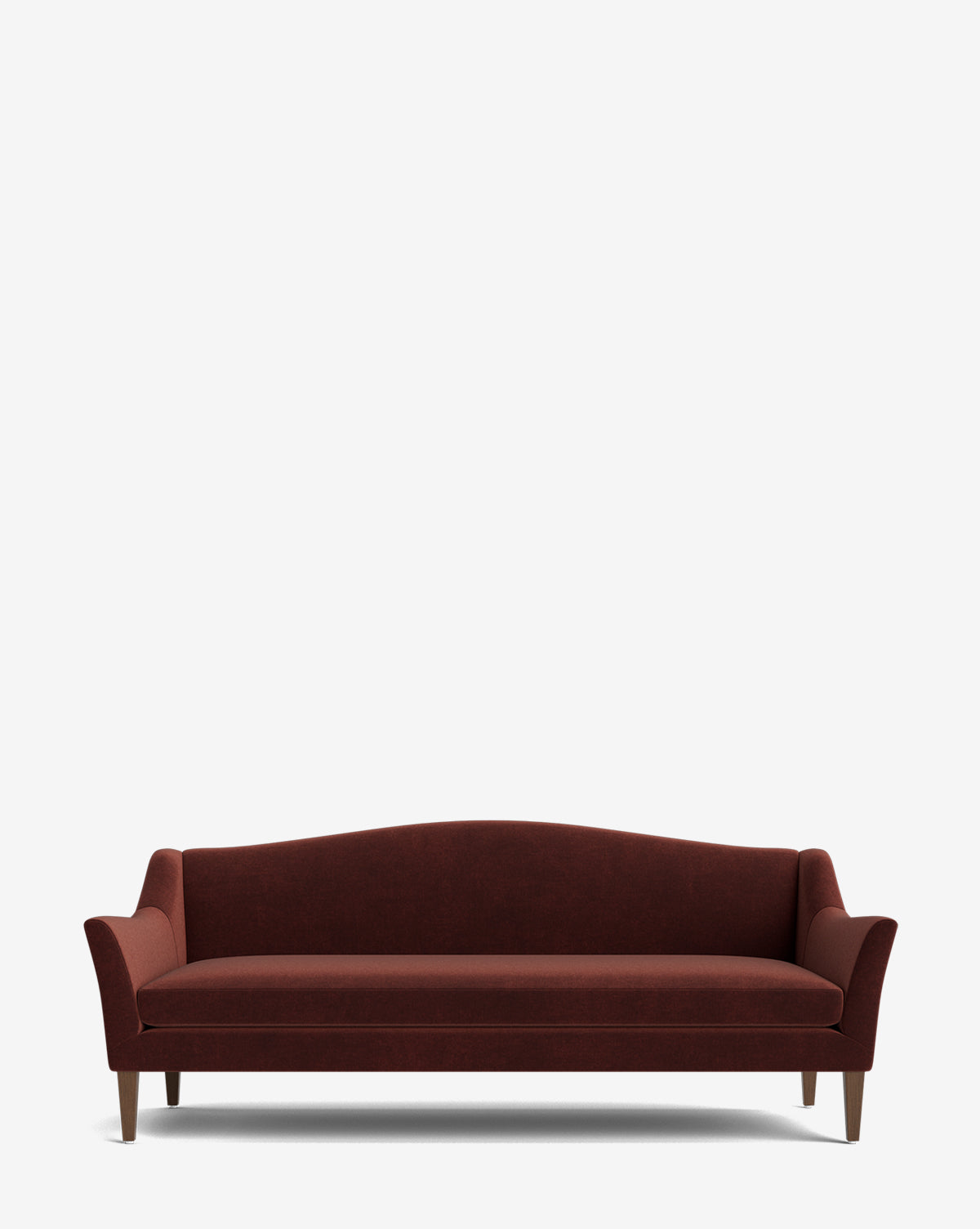 The Prudence Sofa 78 showcases premium burgundy fabric, a gently curved backrest, flared arms, and exposed wooden legs, creating a classic silhouette set against a plain white background by McGee & Co.
