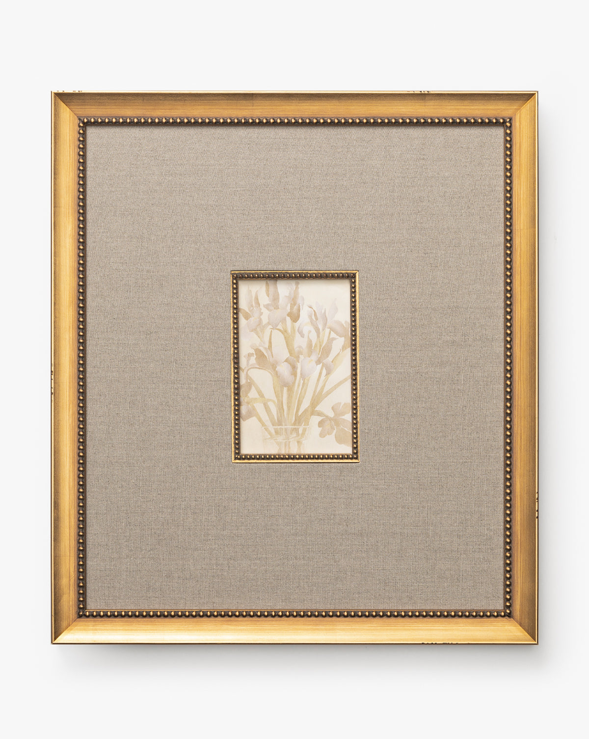 Purple Irises in Vases: A gold-framed wall art featuring purple irises in vases, set against a textured beige mat with gold detailing and metallic stud accents—an elegant decor piece for any room, by McGee & Co.