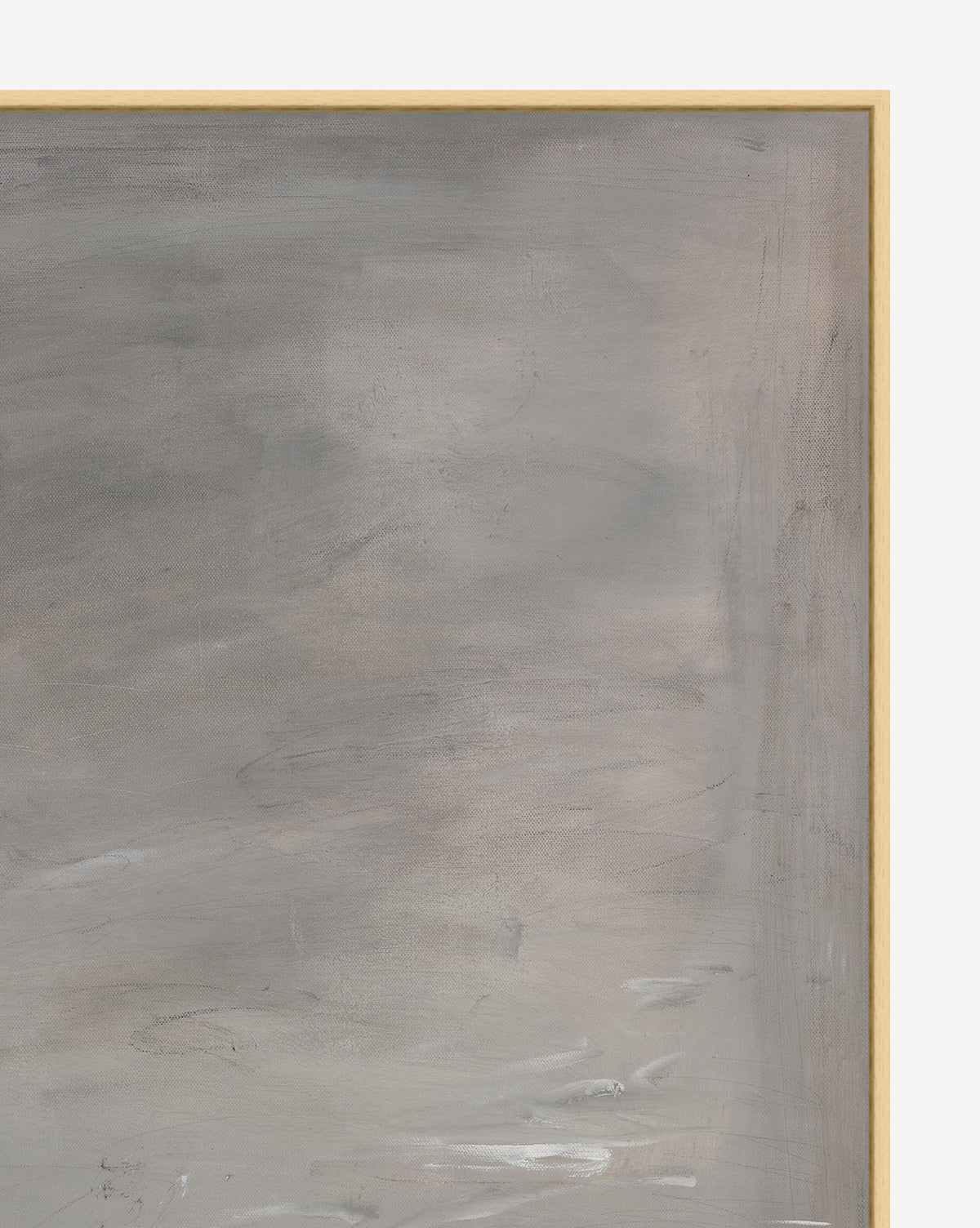 Quiet is a minimalist print featuring artist-enhanced, soft cloudy brushstrokes in muted gray and beige tones, framed in light wood—ideal for a modern gallery wall.