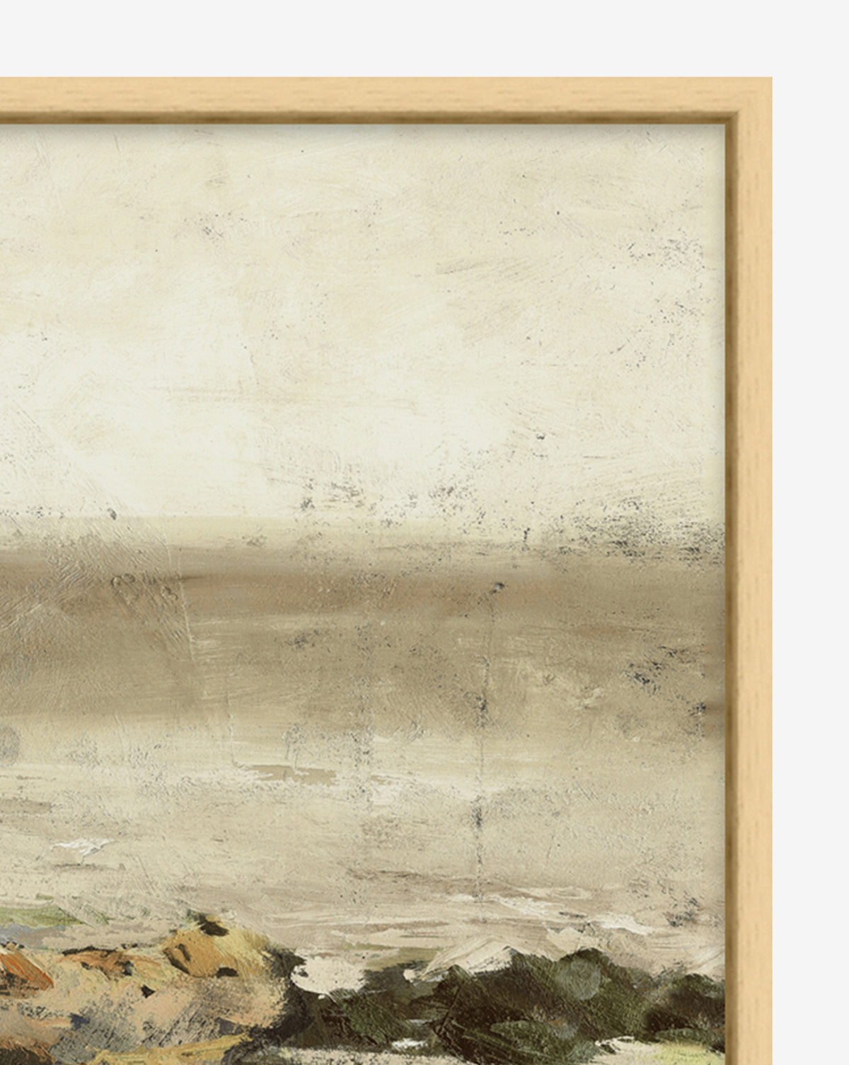 A close-up of Quiet Shore, a framed painting with earthy beige, brown, and green tones, textured brushstrokes, and a wooden frame—perfect as an artist-enhanced print or for gallery wall decor.