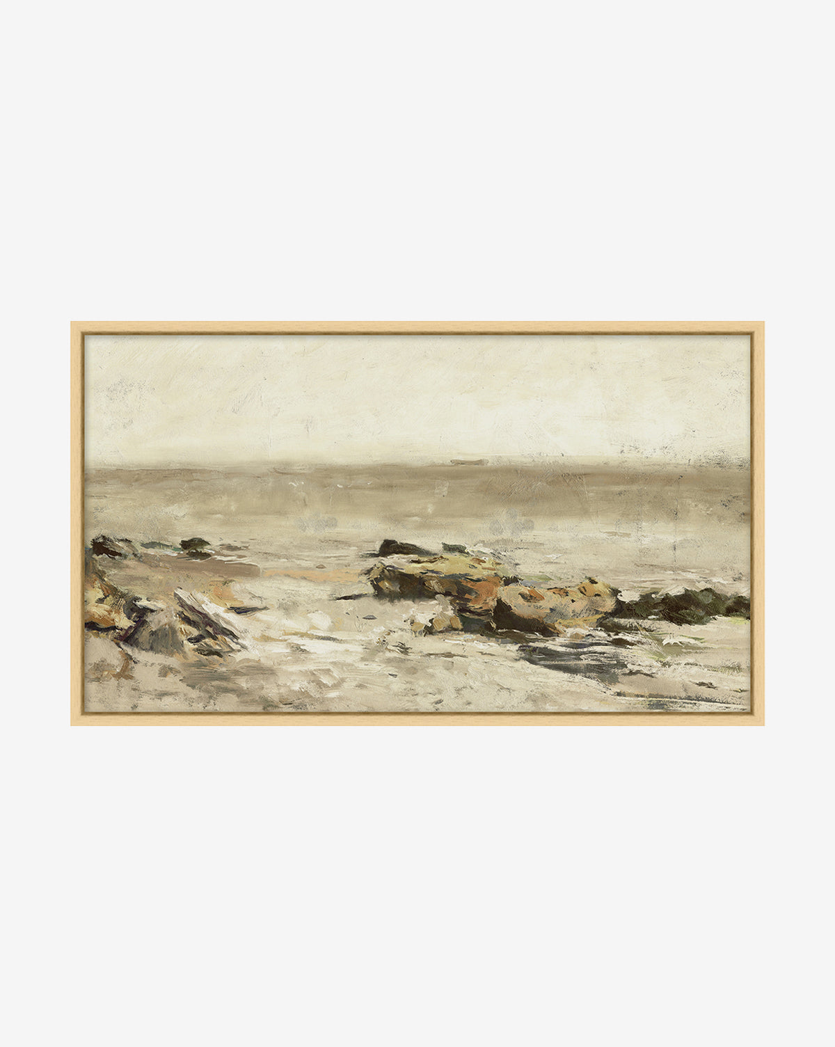 Quiet Shore is a framed ocean wall art piece showing a calm, sandy shoreline with scattered rocks and soft tones, offering a minimalist and serene coastal landscape—ideal for gallery wall decor.