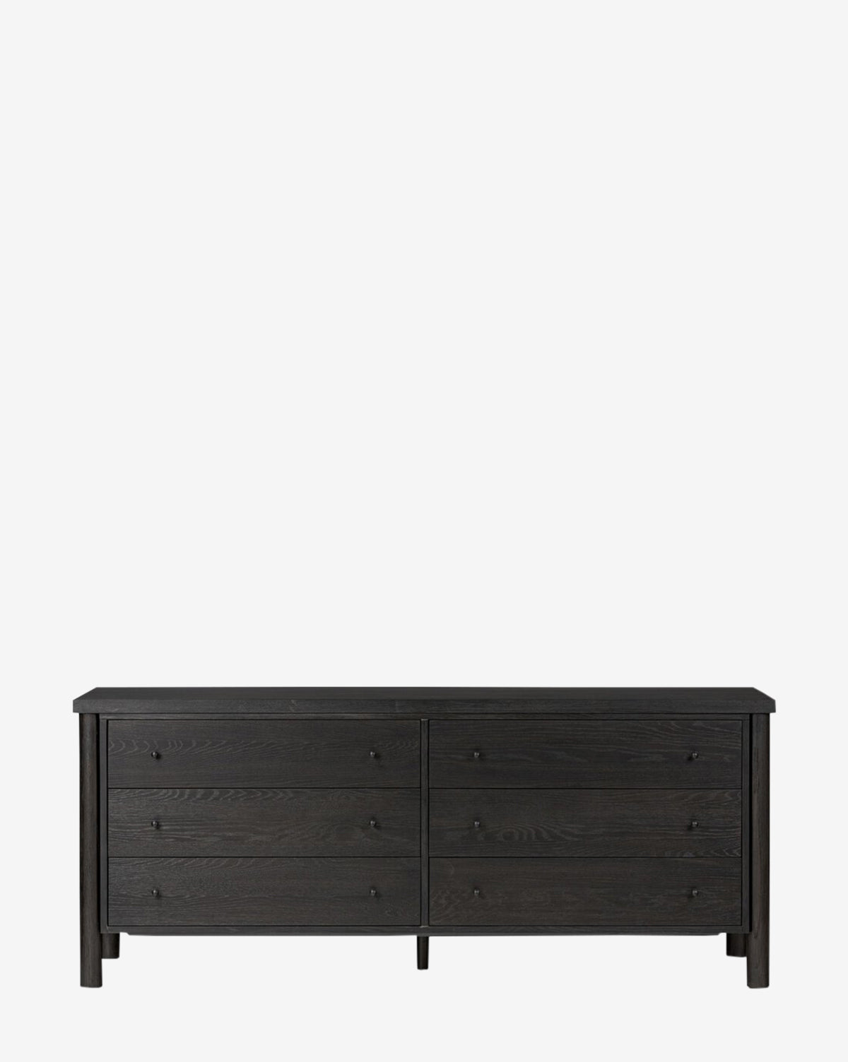 The Quillon Dresser is a black wooden dresser with an elegant ebony finish, six drawers—three per side—and round knobs, displayed against a plain white background by McGee & Co.