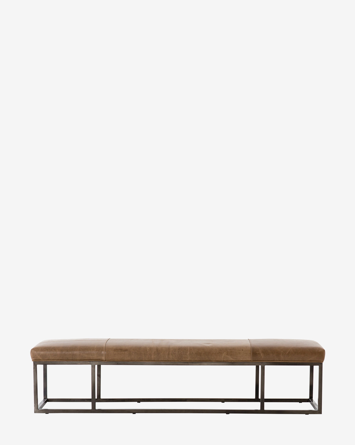 The Quincy Bench features a long, rectangular taupe leather cushioned seat and a sleek black iron frame, shown against a plain white background, by McGee & Co.