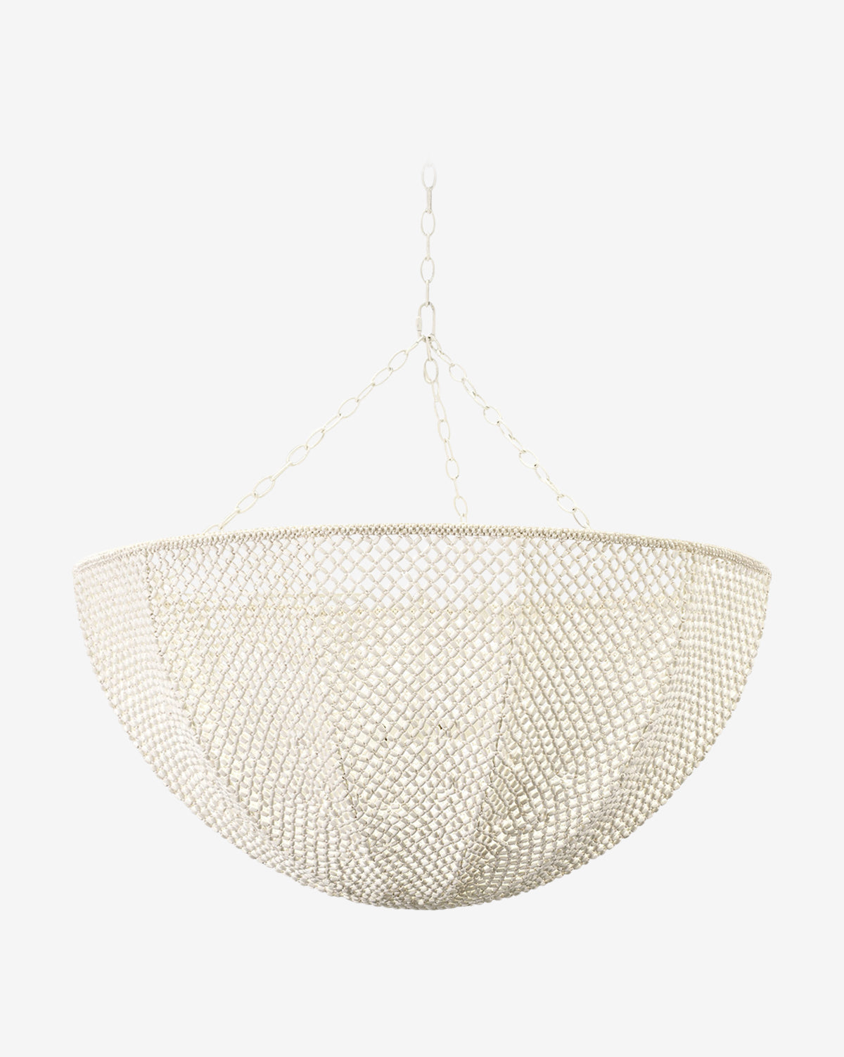 The Quinn Chandelier by Palecek features a suspended, semi-circular design with light-colored woven netting, coco beads, and a hanging chain—an eclectic accent displayed against a plain white background. McGee & Co.