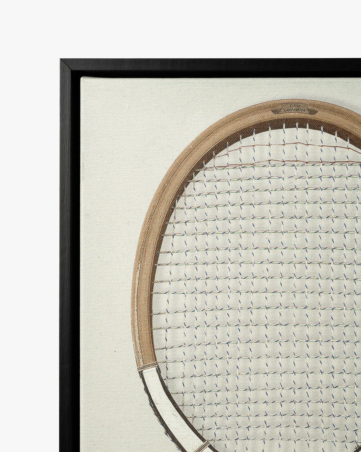 Rackets 1 is a vintage wall art piece featuring the top half of a wooden tennis racket with tightly woven strings on a simple background, elegantly framed in sleek black woodgrain, by McGee & Co.