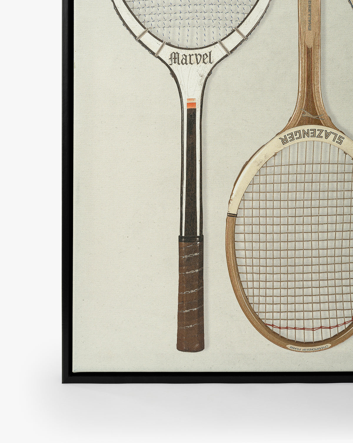 The Rackets 1 framed giclee print displays two vintage tennis rackets—labeled Marvel and Slazenger—on a light background, making it ideal vintage wall art to enhance any rooms charm, by McGee & Co.