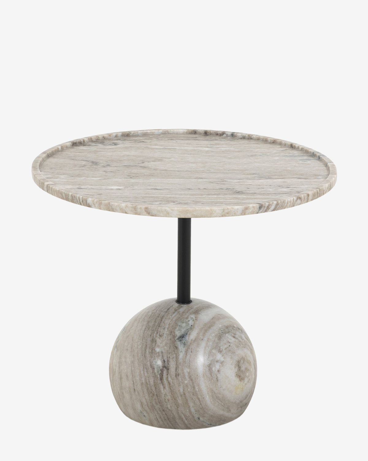 The Raelynn End Table pairs a light gray and white antique marble top with a sleek black support and rounded marble base, highlighting natural stone patterns for an artful, modern accent, by McGee & Co.