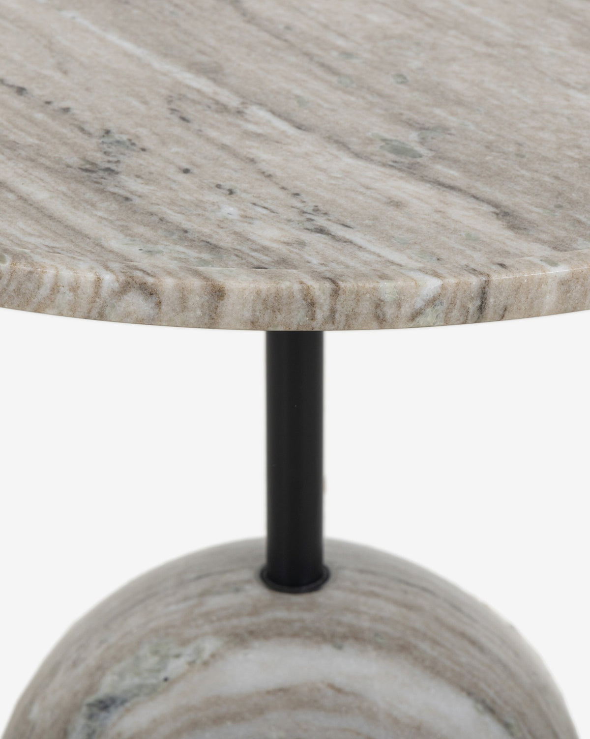 The Raelynn End Table features a round white antique marble top with gray and beige veining, supported by a slim black metal rod and matching marble base—an elegant accent for any room, by McGee & Co.