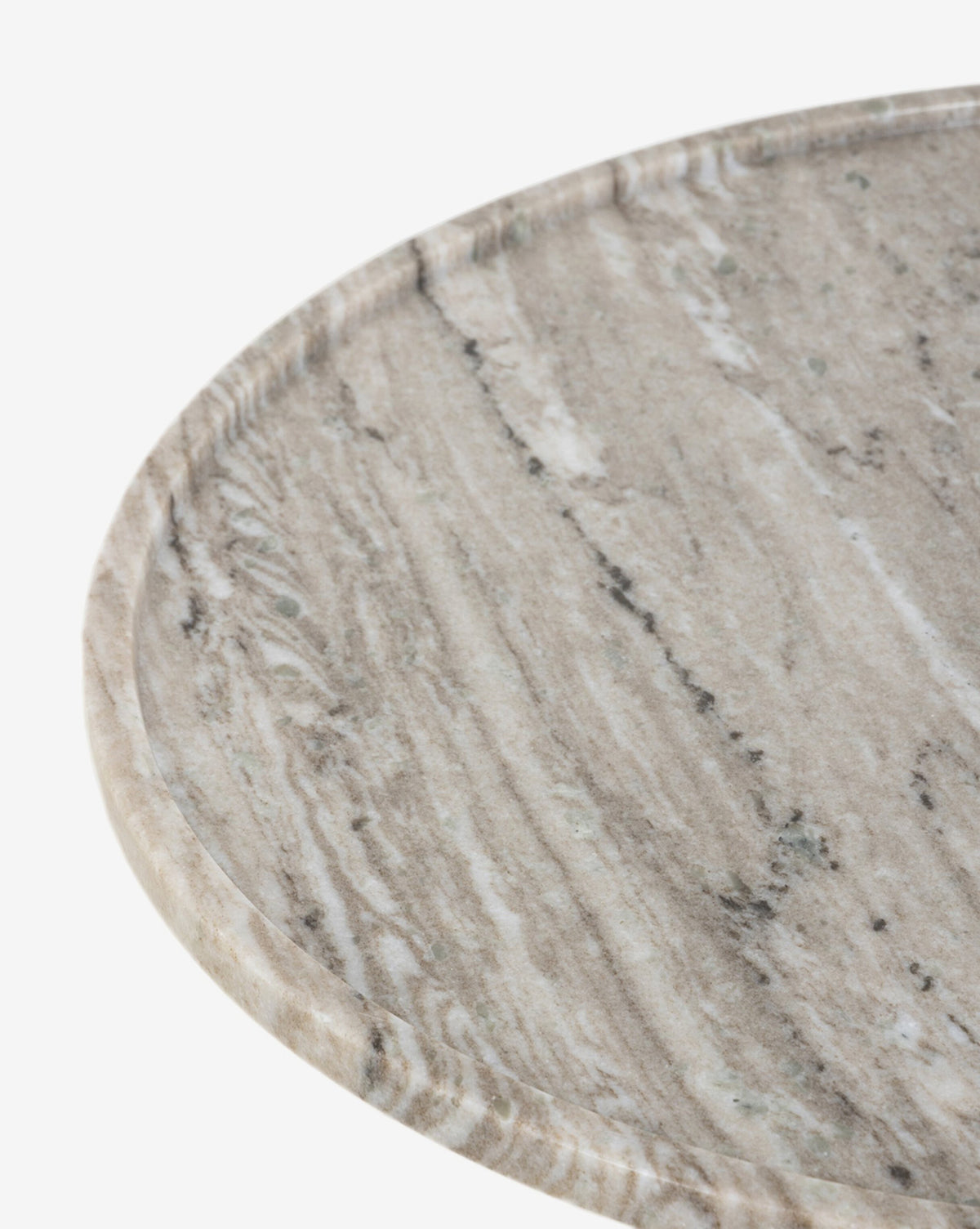A close-up of a round marble tray with a raised edge and light gray and white veining—an elegant accent ideal for styling on your Raelynn End Table, by McGee & Co.