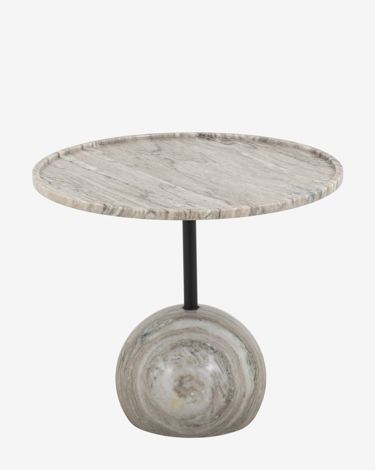 The Raelynn End Table features a light stone top, thin black metal support, and a spherical white antique marble base, creating an artful accent against a plain white background, by McGee & Co.