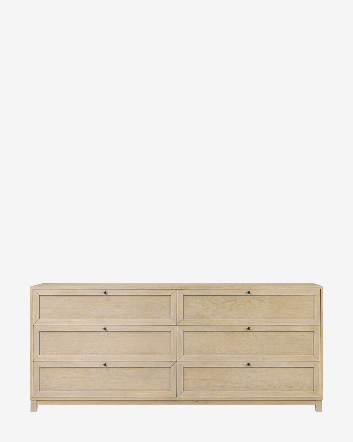 The Raine 6 Drawer Dresser features oak veneer, six drawers in two rows of three with sleek metal handles, and is STURDY Act compliant for safety, by McGee & Co. Shown on a plain white background.