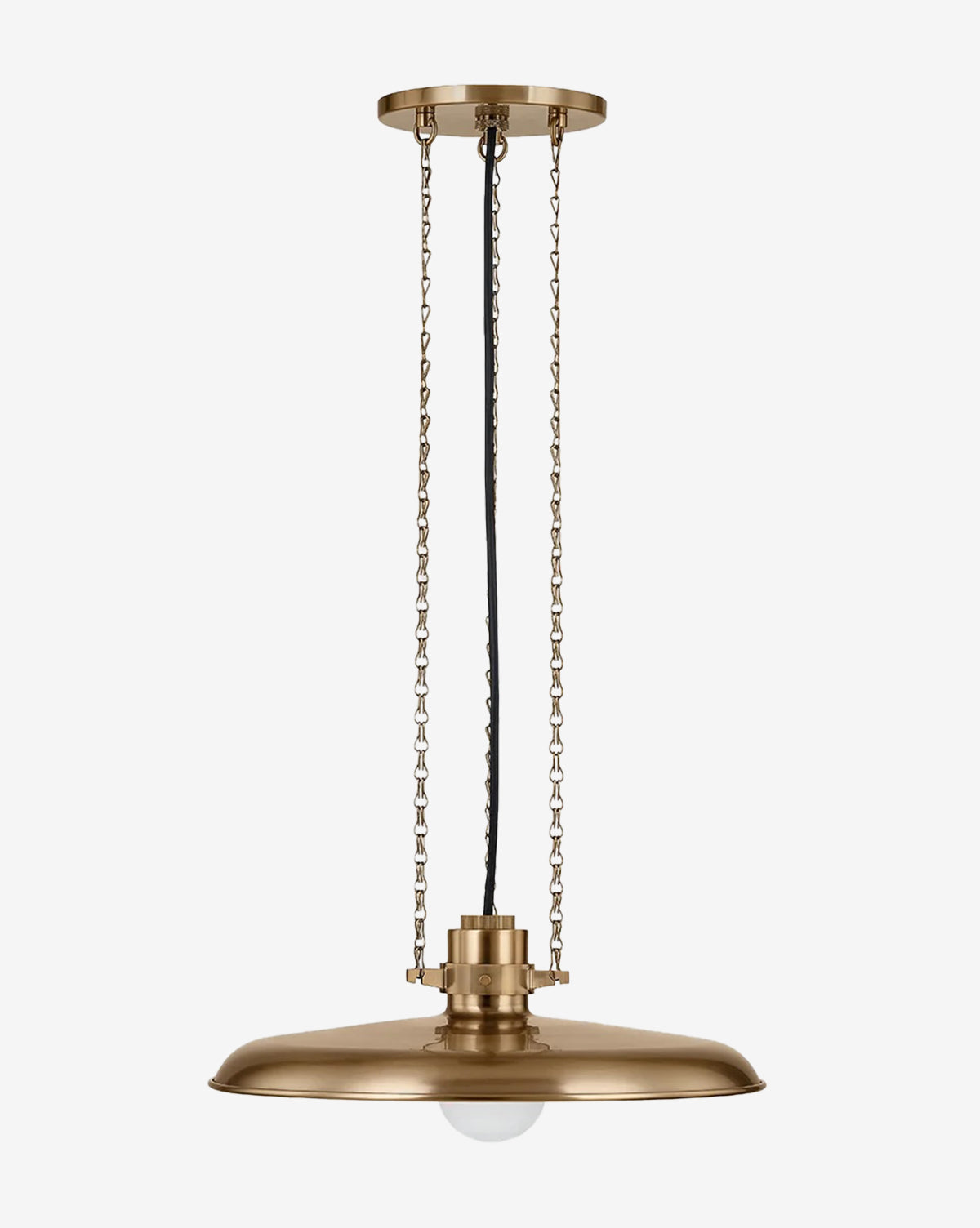 The Rainhill Pendant by Troy Lighting features a patina brass wide, flat shade, suspended by two chains and a black cord, with a visible bulb beneath for striking illumination. McGee & Co.