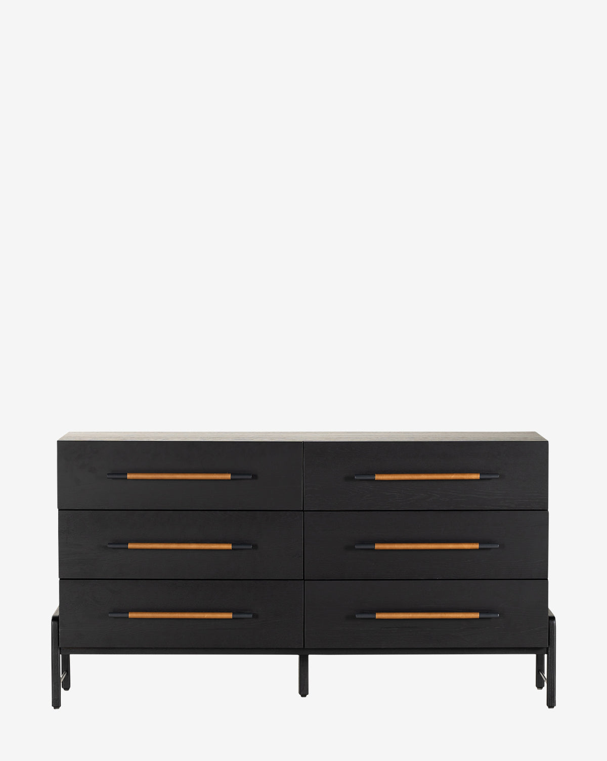 The Ralston 6-Drawer Dresser is a modern black oak dresser with long horizontal handles in contrasting wood and metal, set against a plain white background.