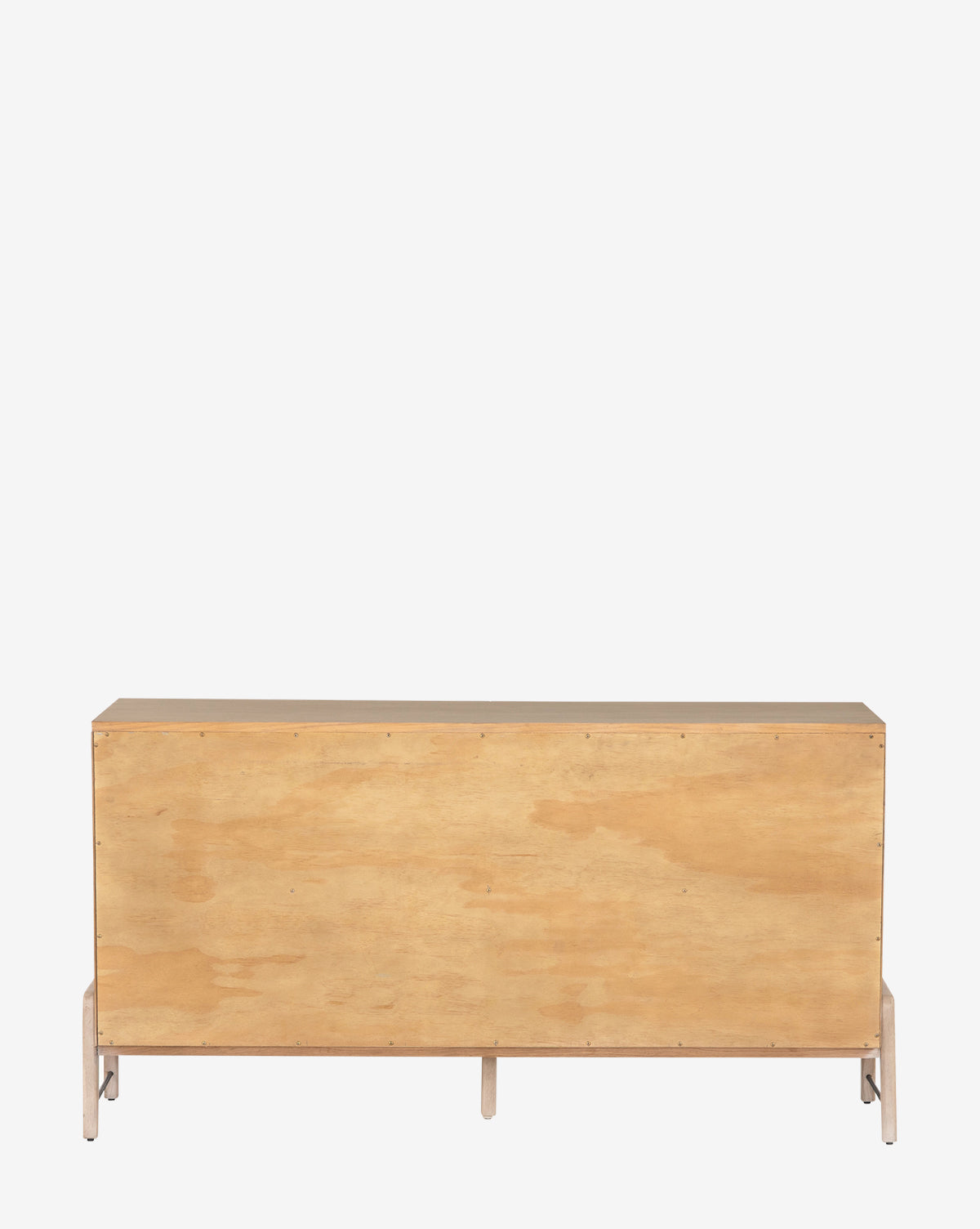 The Ralston 6-Drawer Dresser features a plain, rectangular oak design with a light natural finish and simple, unadorned back and legs that highlight its minimalist style. Shown against a white background.