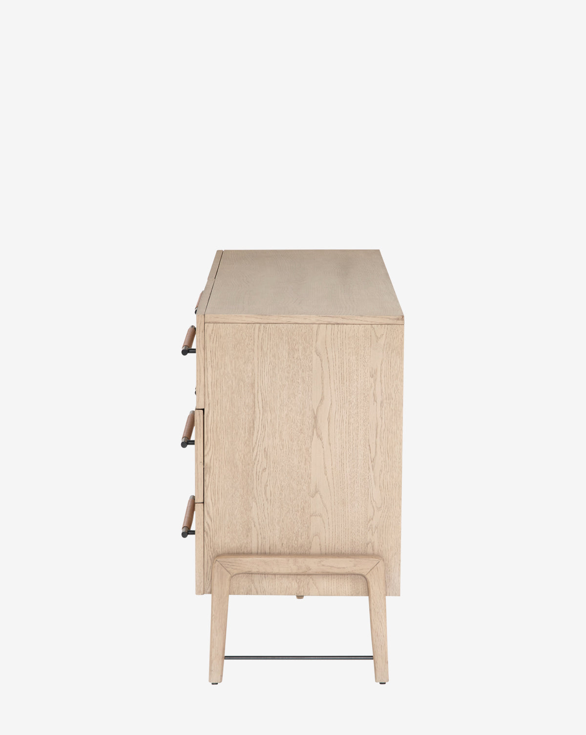 Side view of the Ralston 6-Drawer Dresser, crafted from oak with six drawers featuring leather pulls, set against a plain white background.