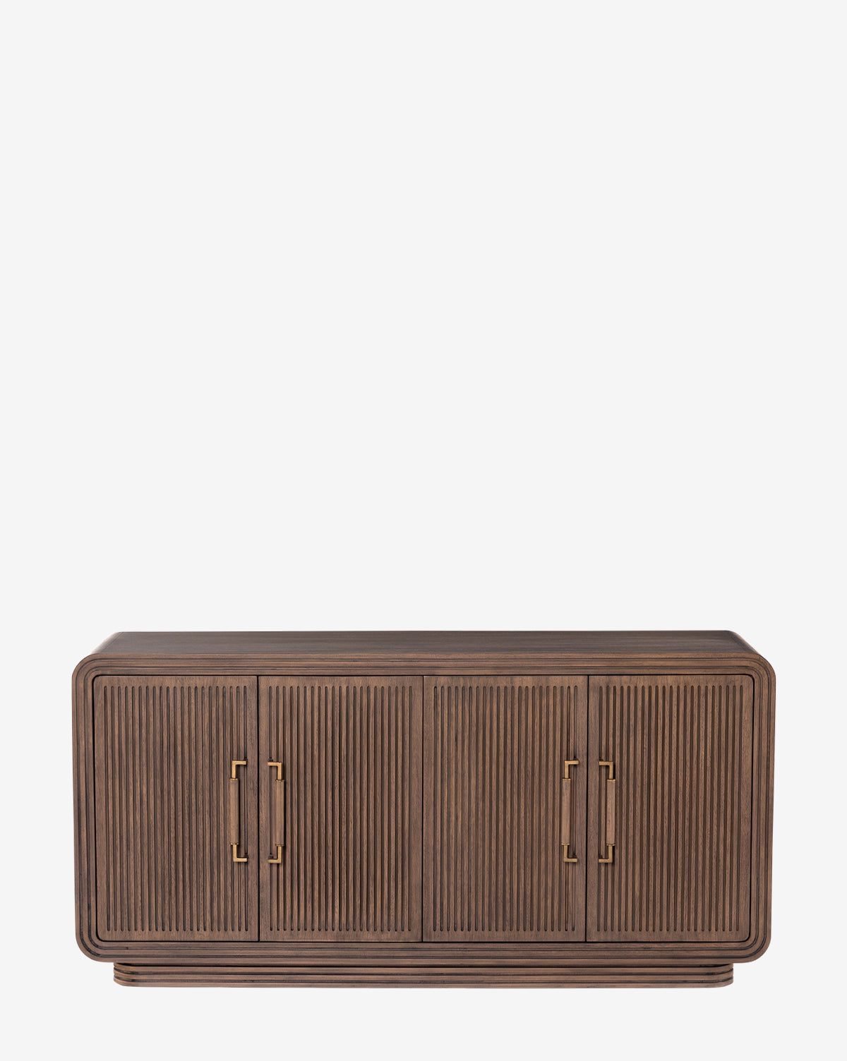 The Ramsay Sideboard features four vertically grooved doors, gold handles, extra storage, rounded edges, and a modern minimalist design in dark mahogany, by McGee & Co.