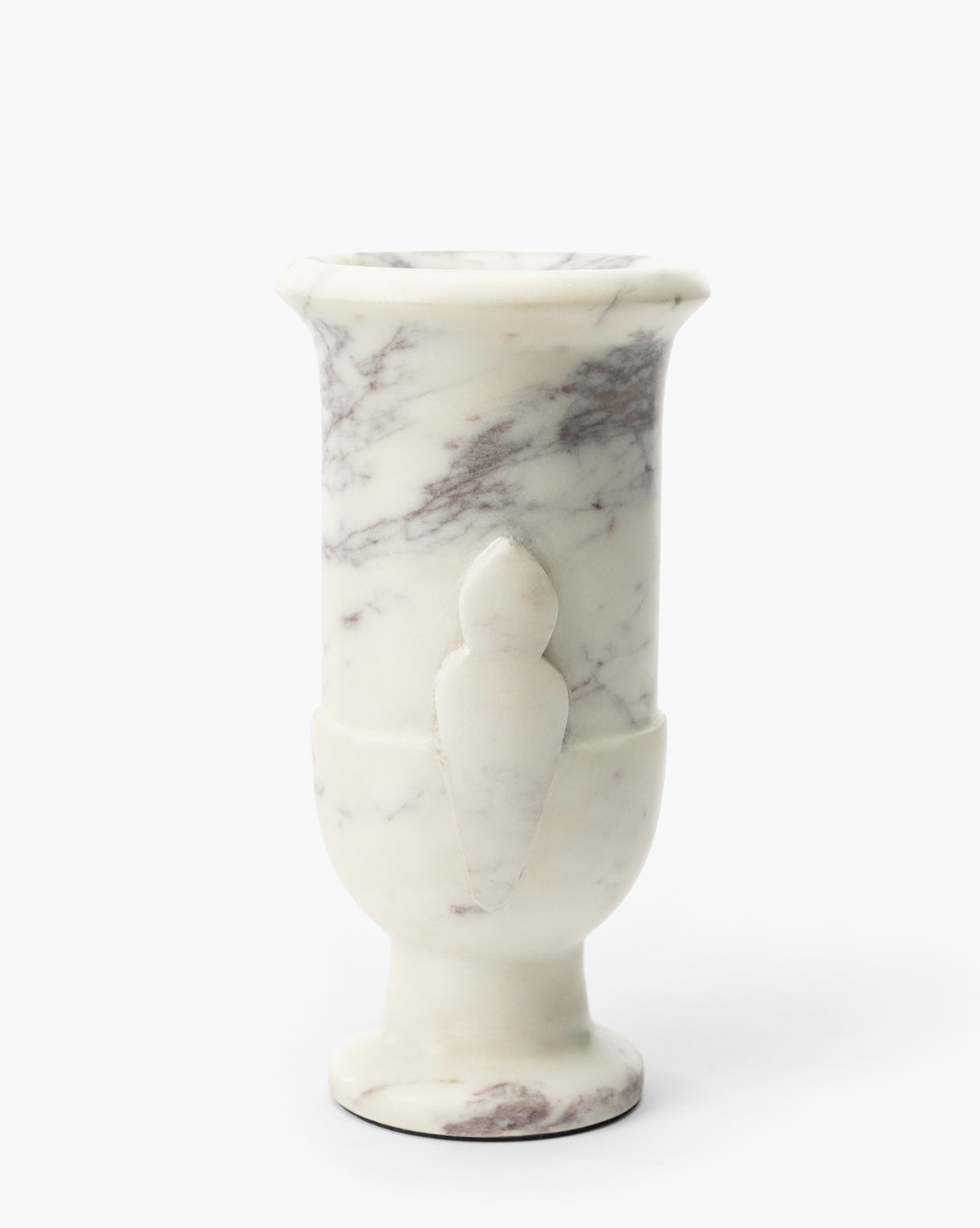 The Rayla Marble Vase features white marble with gray veining, a cylindrical shape, flared rim, and a simple bird-shaped accent—ideal for adding timeless charm to traditional decor, by McGee & Co.
