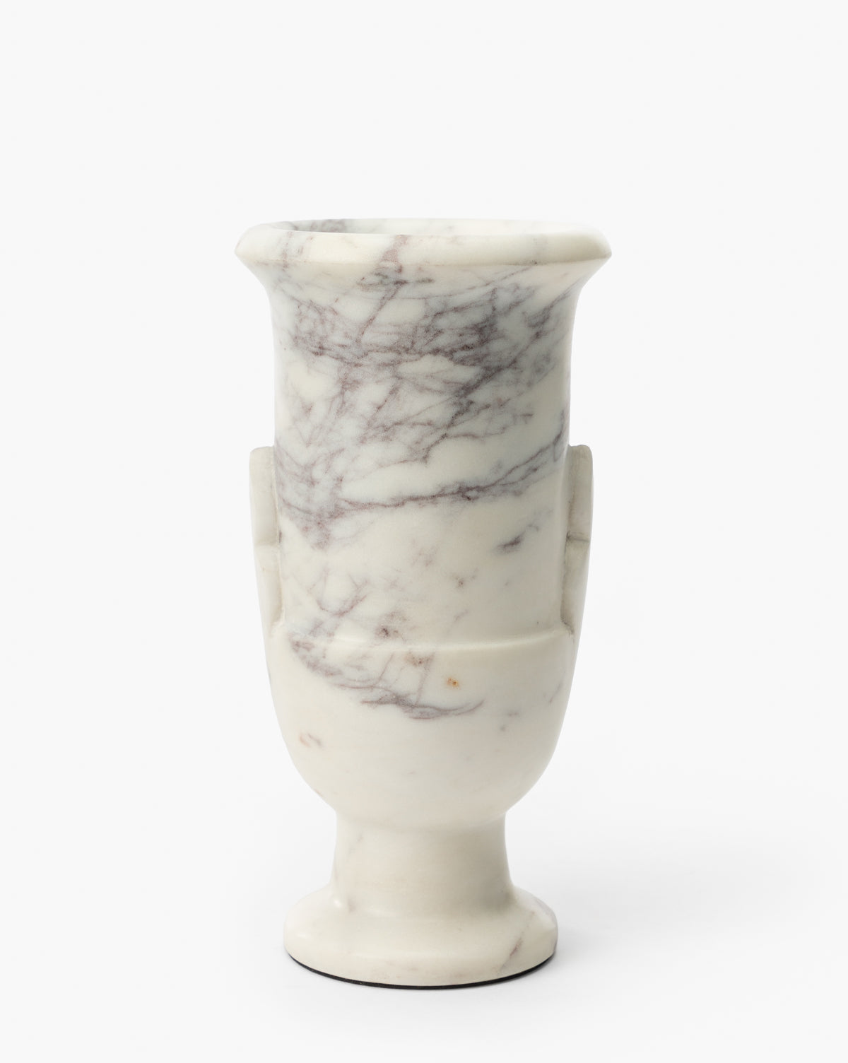 The Rayla Marble Vase, with its tall white form and subtle gray veining, features a wide rounded rim, side handles, and a narrow base—making it a timelessly elegant addition to traditional decor, by McGee & Co.