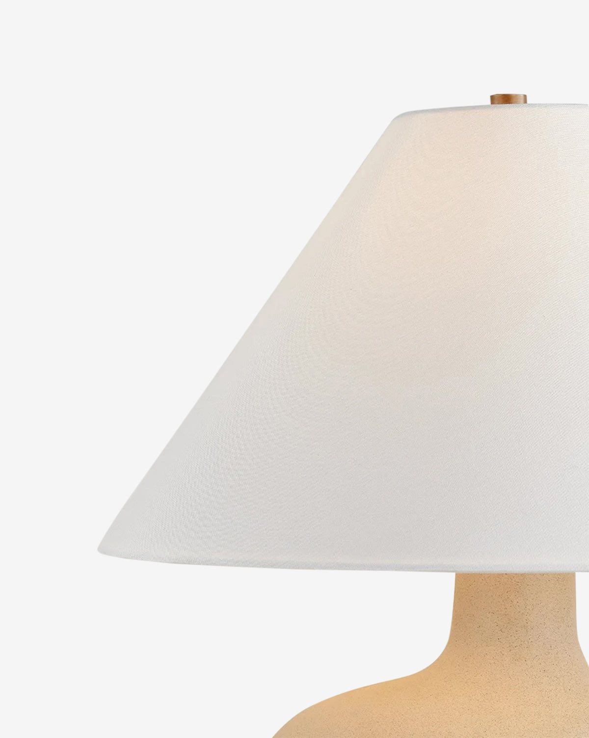Close-up of the Rebecca Table Lamp featuring a textured ceramic base and a large white conical lampshade, perfect for contemporary home decor, set against a plain white background, by McGee & Co.