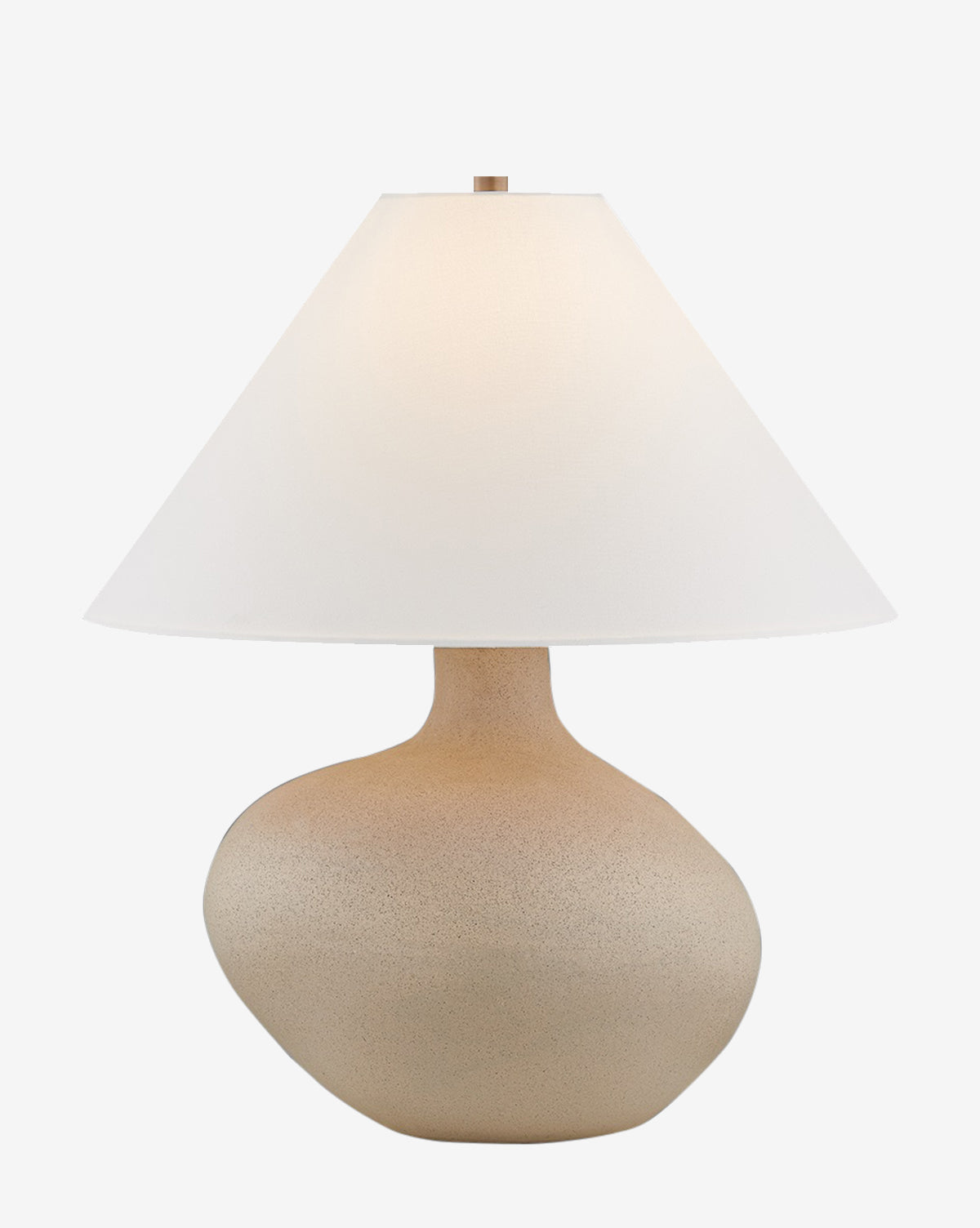 The Rebecca Table Lamp by Troy Lighting features a textured beige ceramic base and a wide white conical lampshade, creating a stylish contemporary look for modern spaces by McGee & Co.