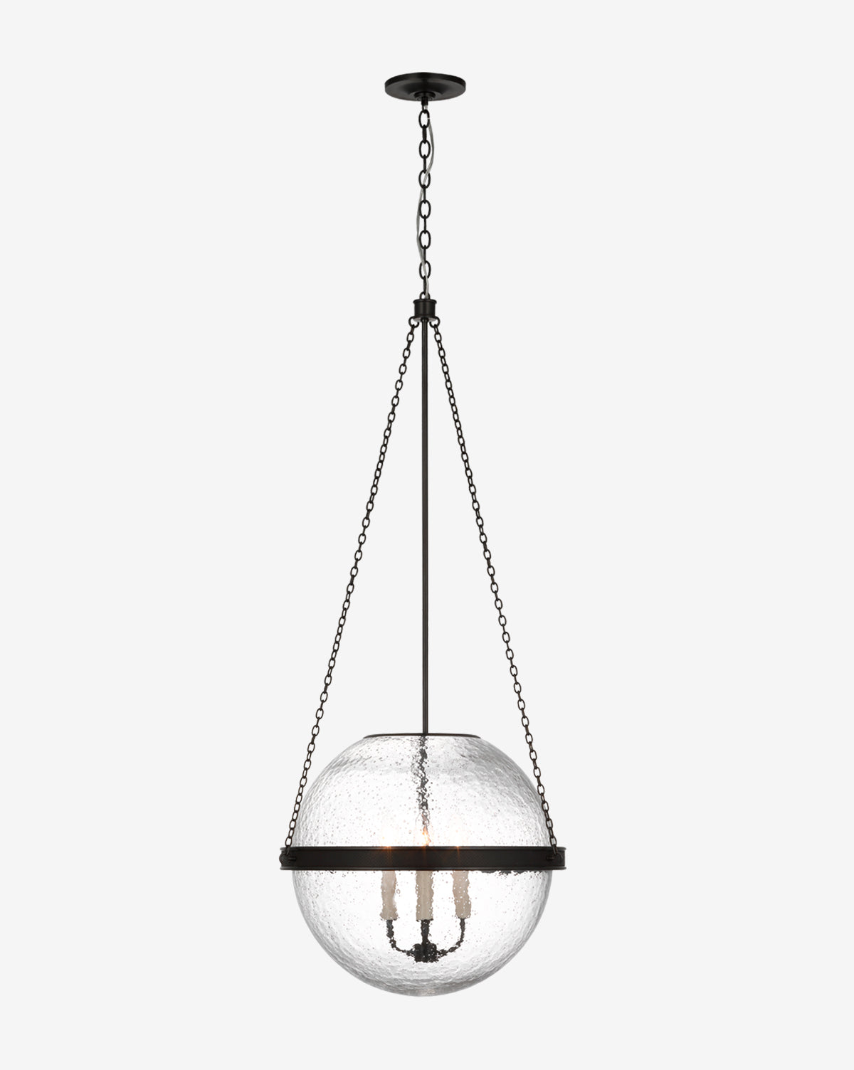 The Reese Globe Pendant showcases a spherical, textured glass shade suspended by black chains and a central rod, housing three candle-style bulbs—an ideal choice for contemporary statement lighting, by McGee & Co.